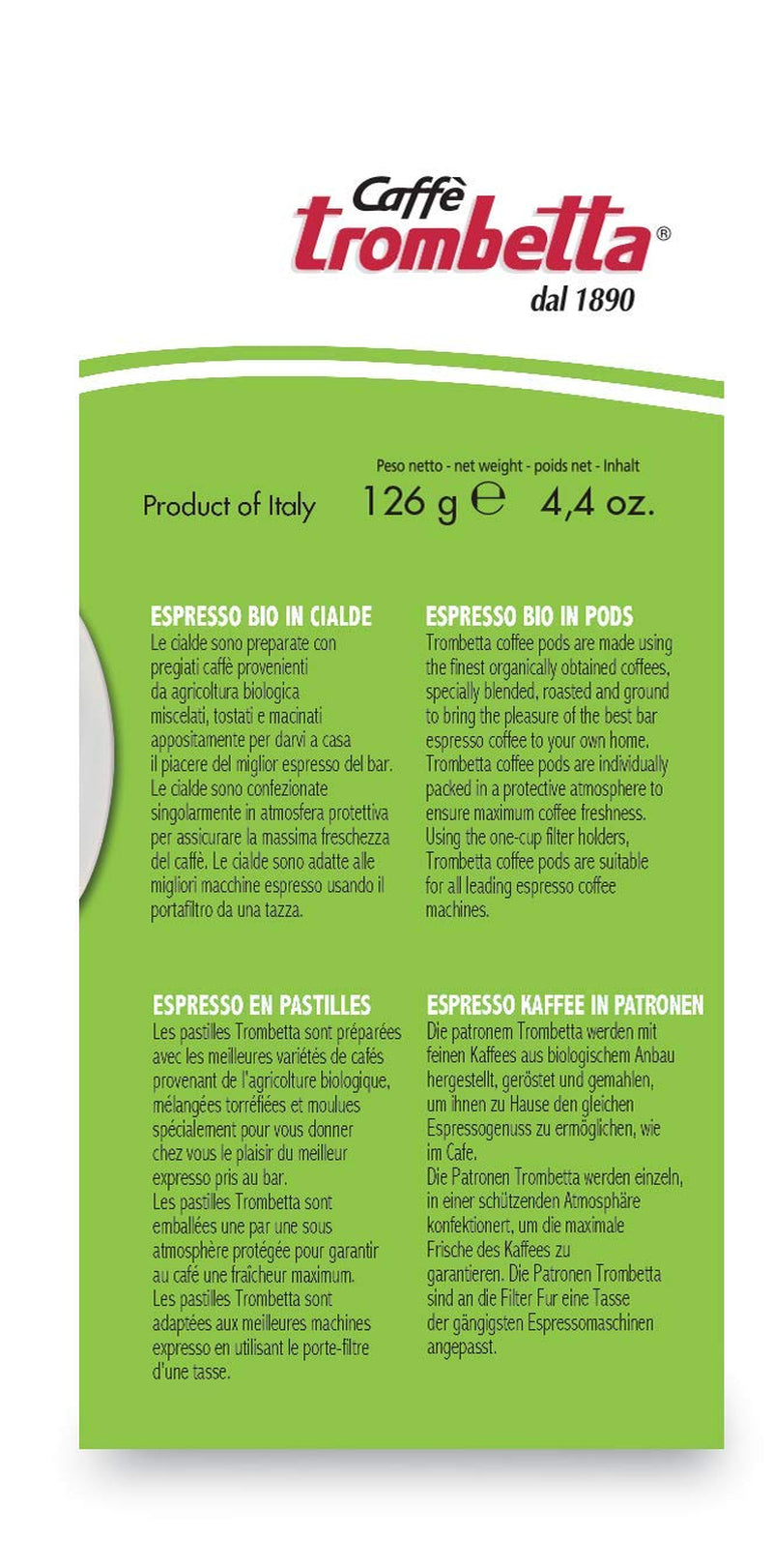 Caffè Trombetta ESE Kaffeepads, italienischer Kaffee, reichhaltiges Aroma und samtiger Gesmack Biologisch - 1 Packungen zu je 18 Kaffeepads