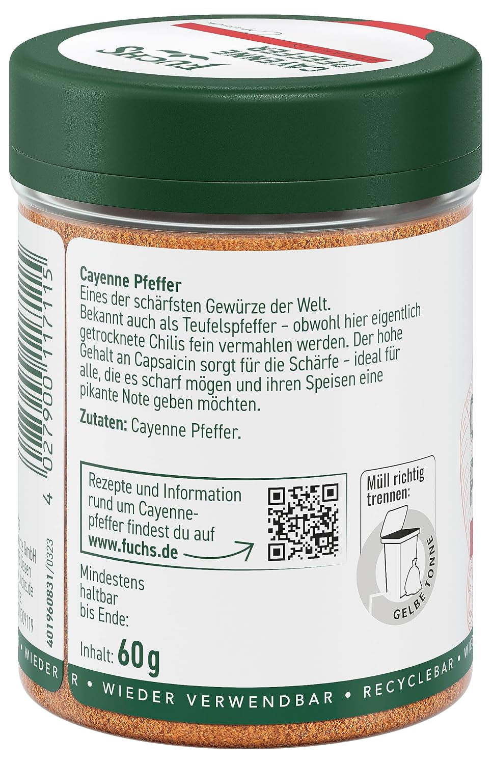 Fuchs Gewürze – Cayennepfeffer gemahlen – für einen scharfen Geschmack in Gerichten aller Art – natürliche Zutaten – 60 g in wiederverwendbarer, recyclebarer Dosis