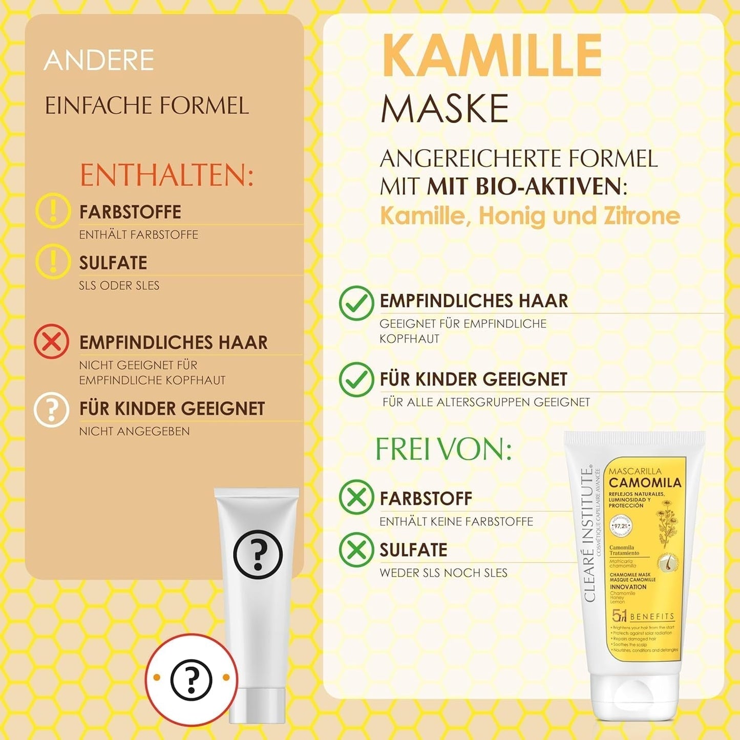 Clearé-Institut | Kamillenmaske | Pflegt, pflegt und entwirrt | Goldener Glanz und Glanz | 97 % natürliche Inhaltsstoffe | Beruhigt die Kopfhaut. Mit Kamillenextrakt | 150 ml Naty Shop Haarmaske