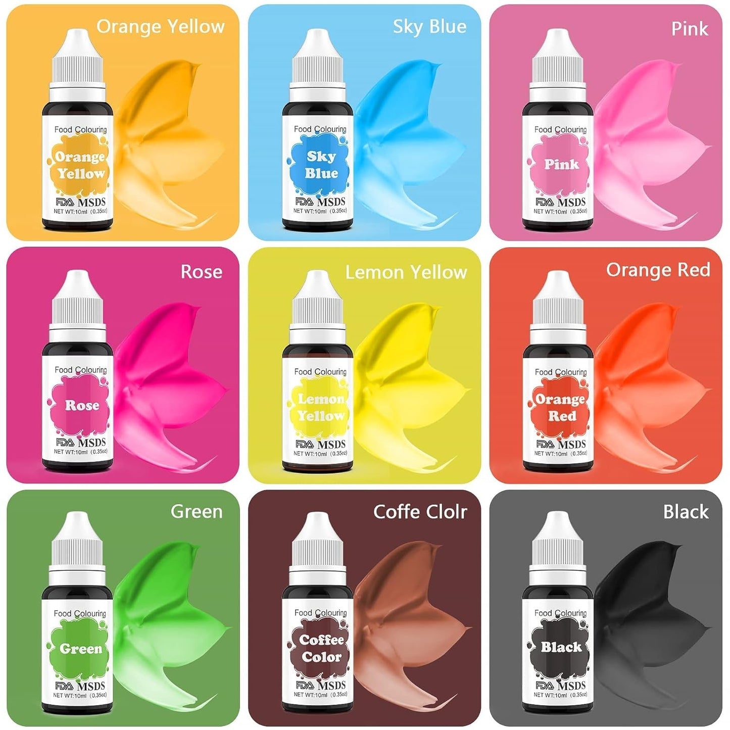 Lebensmittelfarbe 9 x 10 ml, flüssige Lebensmittelfarbe – Lebensmittelfarben-Set zum Dekorieren von Kuchen, Macarons, Donuts, Fudge, Zuckerguss, DIY-Seifen, Eiscreme, Seifenfarbe, Spritzpistolenfarbe