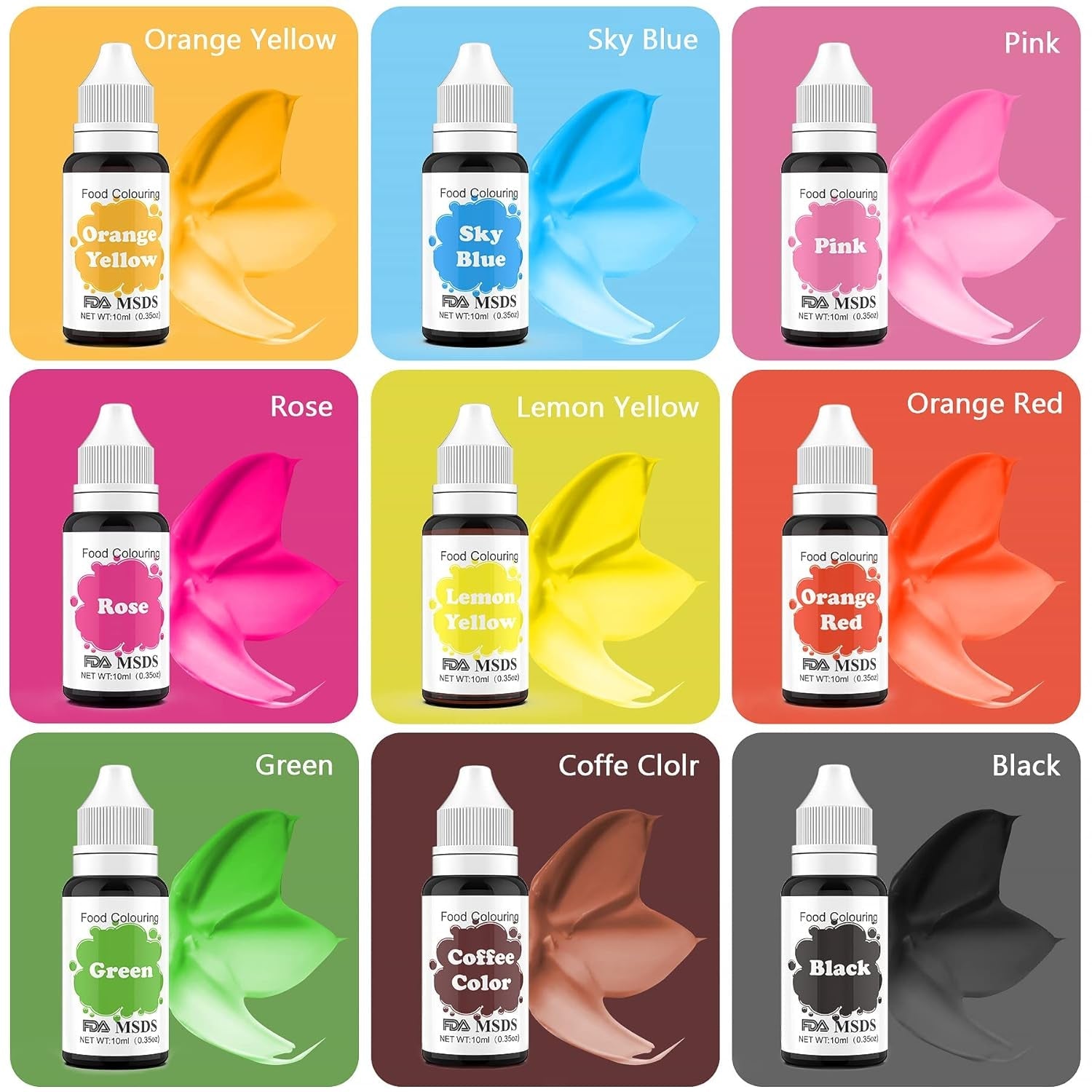 Lebensmittelfarbe 9 x 10 ml, flüssige Lebensmittelfarbe – Lebensmittelfarben-Set zum Dekorieren von Kuchen, Macarons, Donuts, Fudge, Zuckerguss, DIY-Seifen, Eiscreme, Seifenfarbe, Spritzpistolenfarbe
