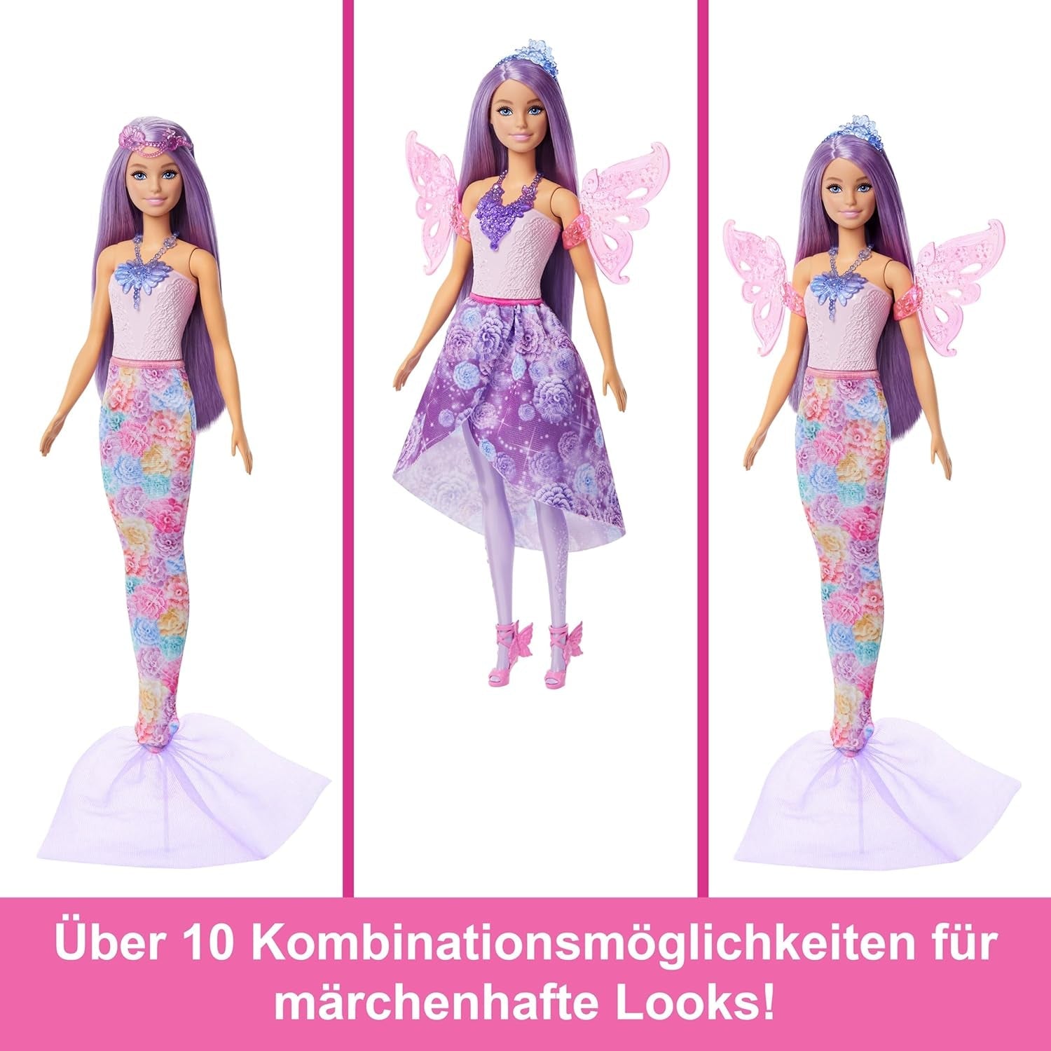 Barbie-Puppen-3-in-1-Spielset mit 8 Zubehörteilen, darunter Meerjungfrauenschwanz, Feenflügel, königliche Halsketten, Schuhe und mehr für mehr als 10 verschiedene Looks, JCP74