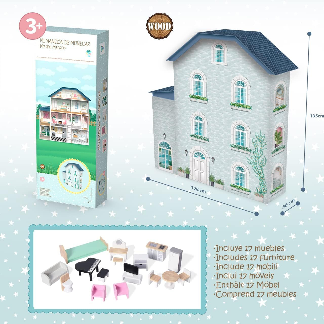 Deqube Puppenhaus aus Holz, 4 Etagen, Puppenhaus mit unterschiedlicher und ordentlicher Dekoration in jedem Raum, mit 17 Zubehörteilen – Größe 135 x 36 x 128 cm (913D00016) Naty Shop Puppenhäuser