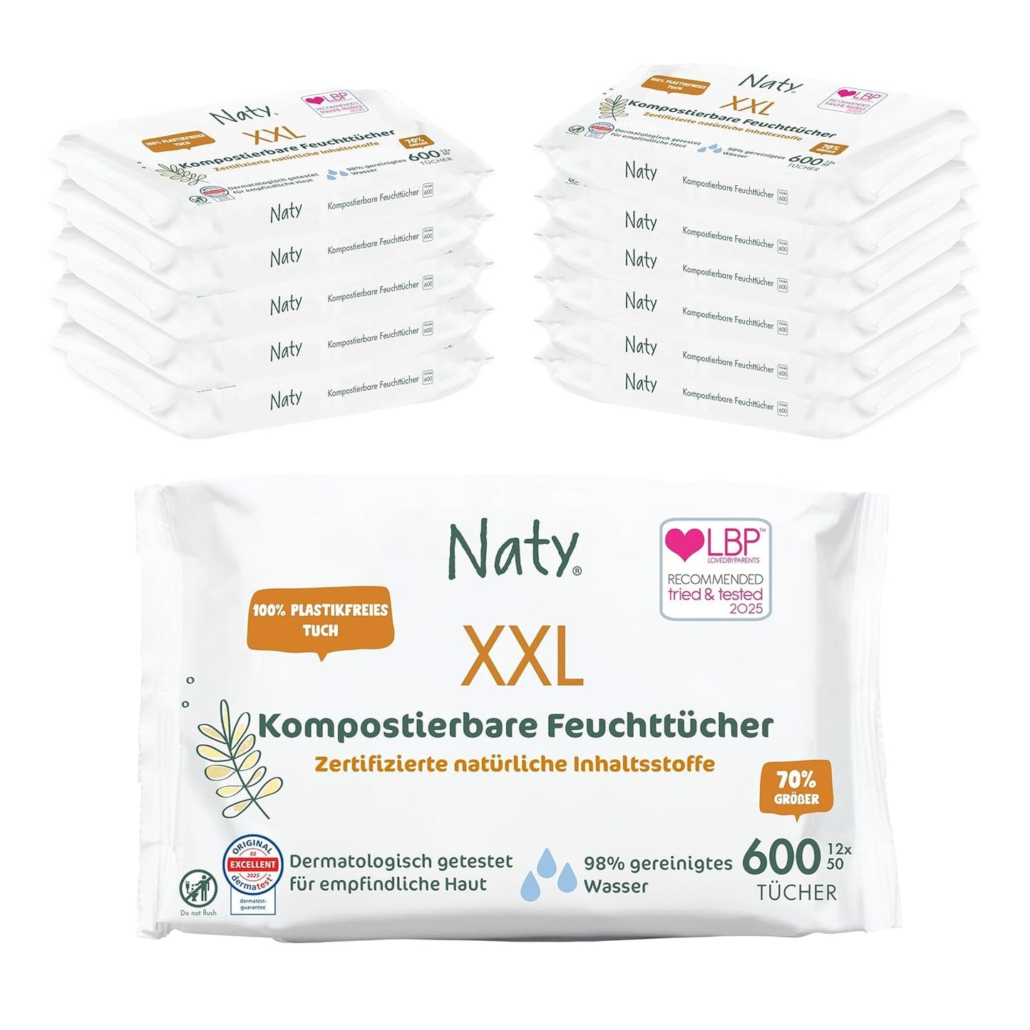 Naty Babytücher | 100 % frei von Kräutern und Duftstoffen für empfindliche Haut | Plastikfreie und zertifiziert kompostierbare Tücher mit 98 % gereinigtem Wasser | 672 Tücher (12 Packungen)