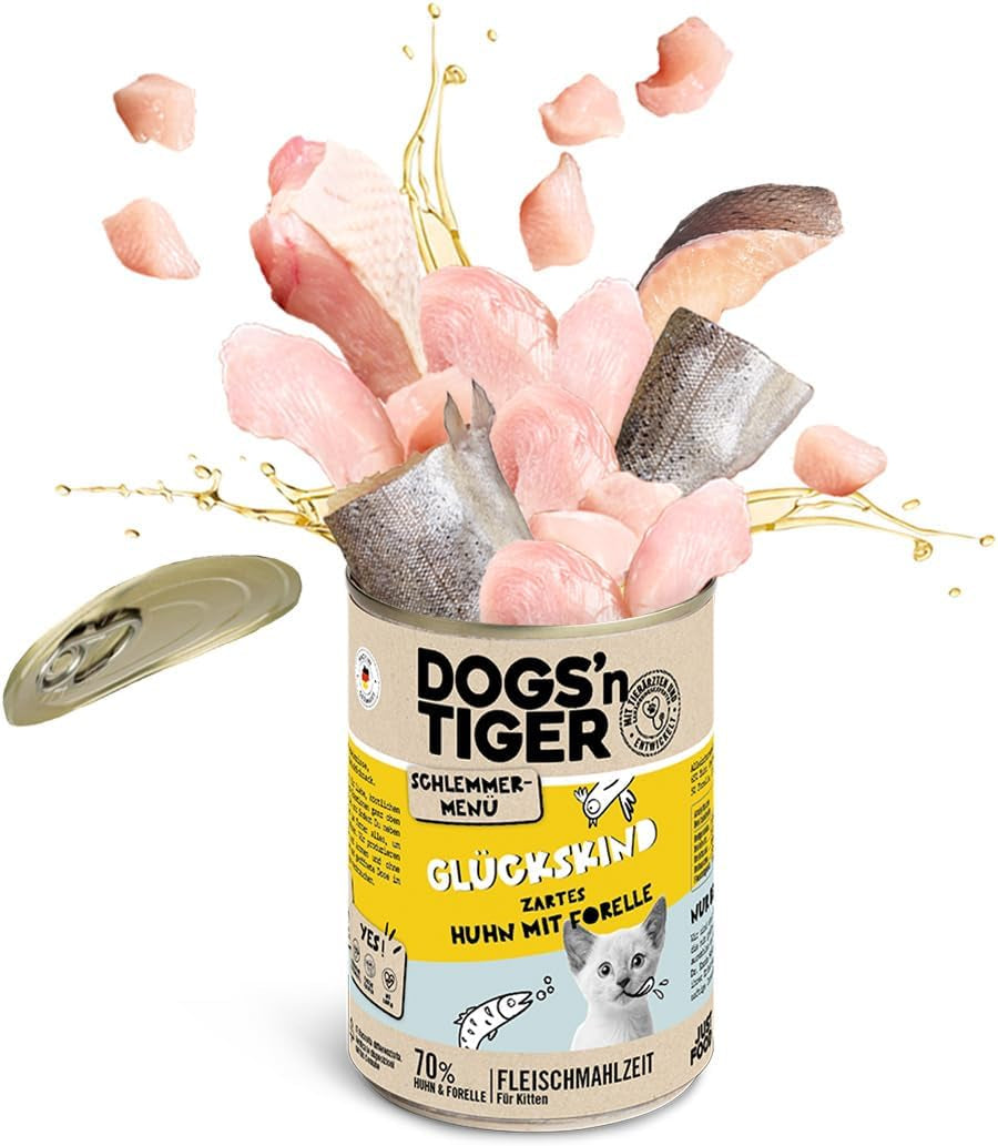 Dogs'n Tiger Schlemmermenü Glückskind, Nassfutter für Kätzchen, saftiges Hun und Forelle - ohne Getreide, Zuckerzusatz, künstliche Konservierungsstoffe, optimale Verträglichkeit, 12x 200g