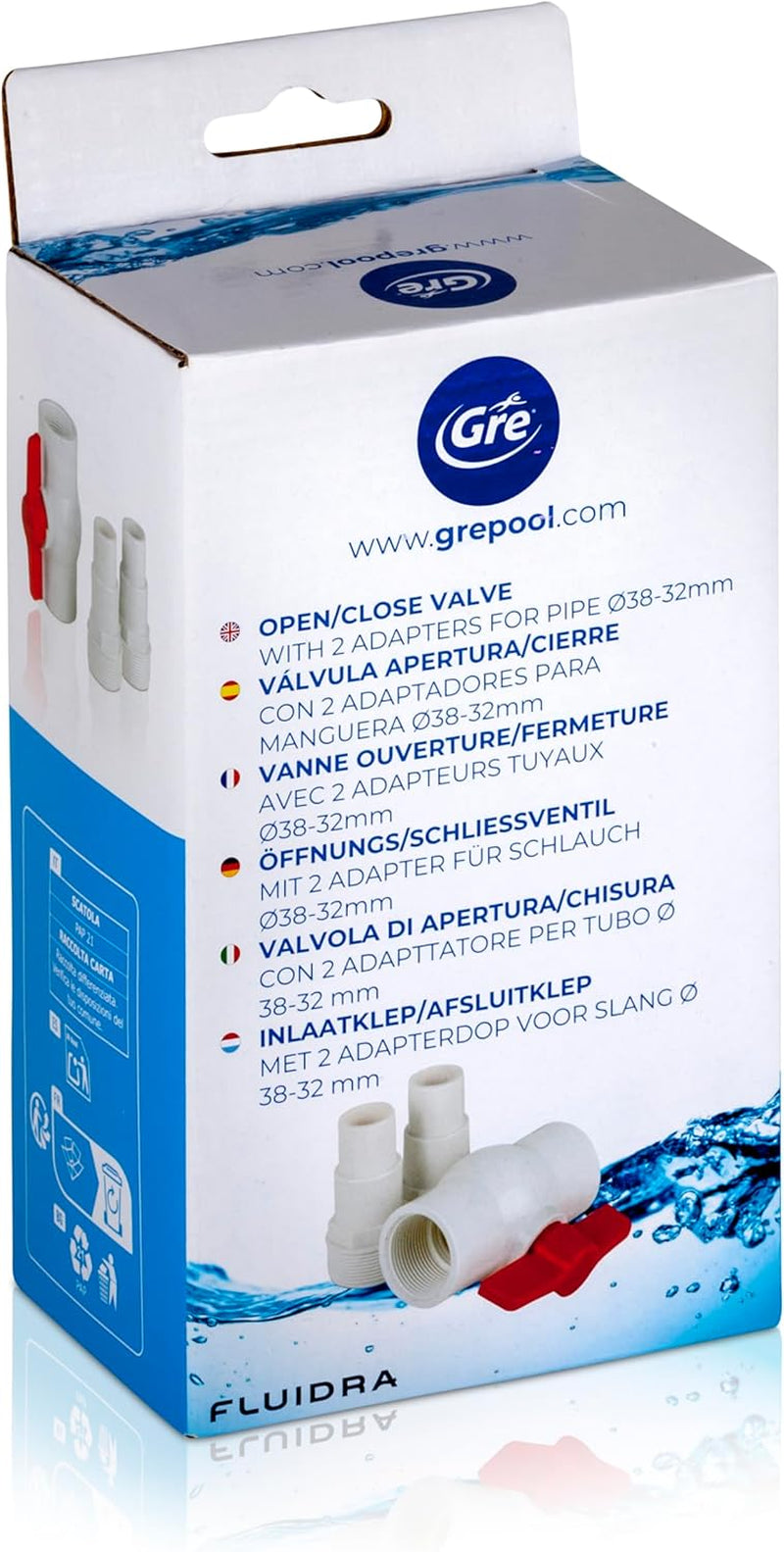 Gre AR512 – Ein/Aus-Ventil mit 2 Adaptern für Schläuche mit Ø38 und Ø32 mm