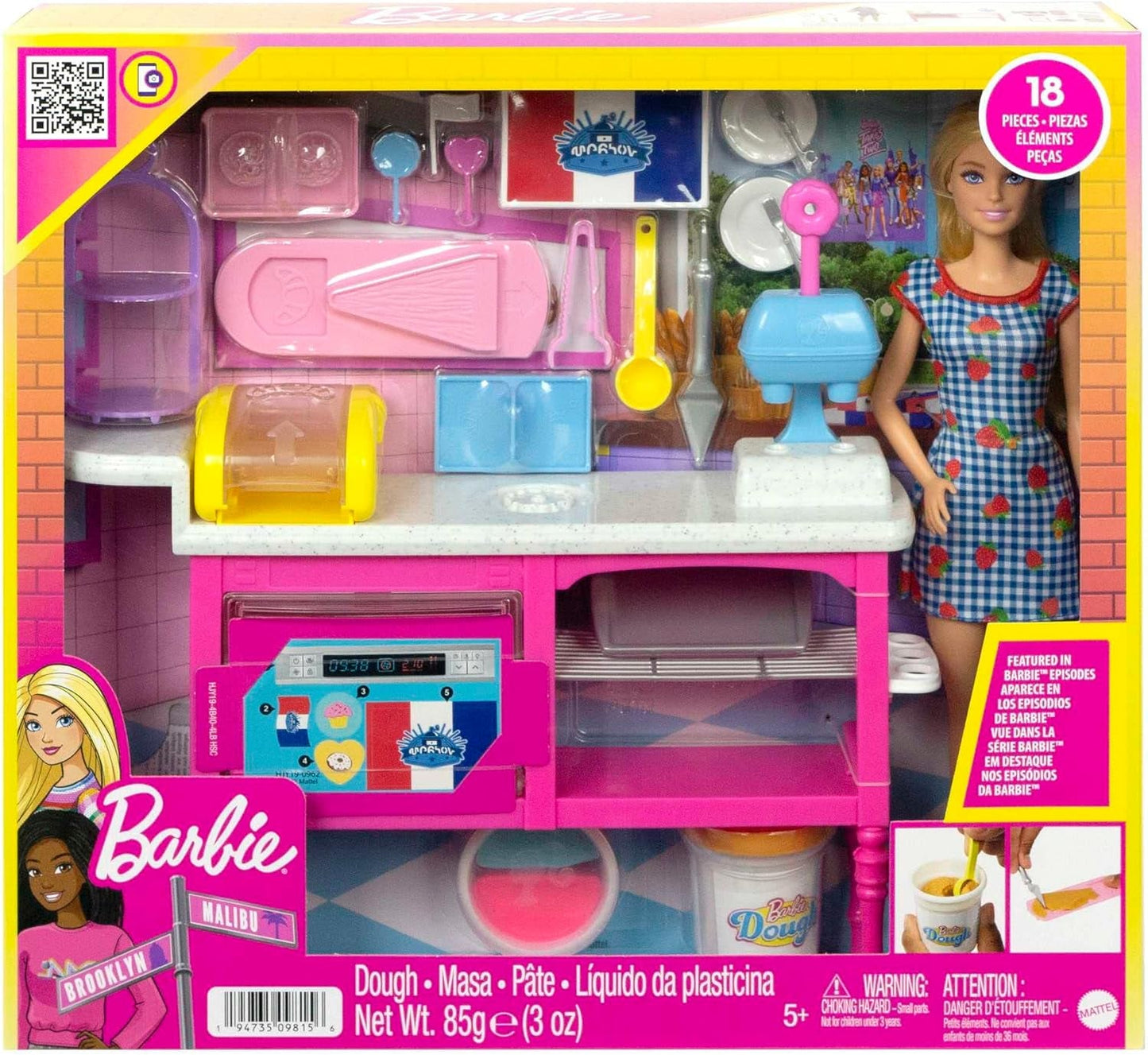 Barbie Malibu Roberts Puppe und 18-teiliges Backset, einschließlich Knete und Donut, Croissant- und Muffinformen, für Kinder ab 3 Jahren, HJY19