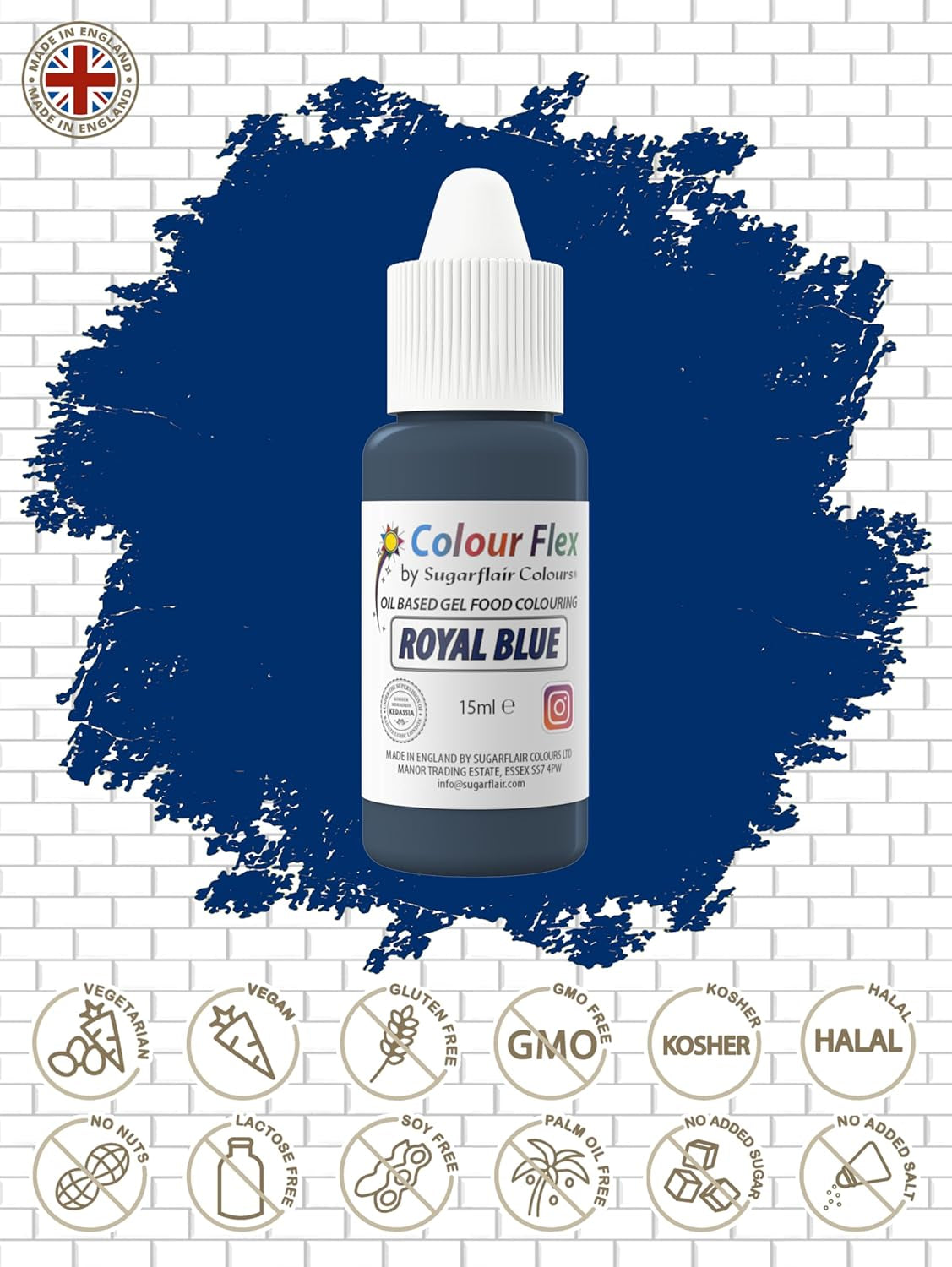 Sugarflair Colourflex Lebensmittelfarbe auf Ölbasis, Königsblau, hochkonzentrierte flüssige Lebensmittelfarbe, Lebensmittelfarbe für Buttercreme, Schokolade, Teig, Fondant, Zuckerguss und mehr – 15 ml