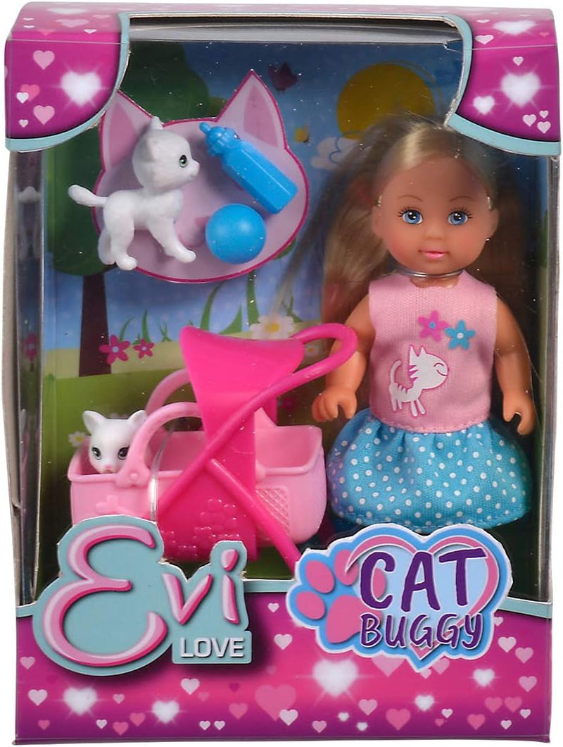 Simba 105733348 – Evi Love Katzen-Kinderwagen, mit zwei Katzen im Kinderwagen, abnehmbare Tasche, Zubehör, Anziehpuppe, 12 cm, für Kinder ab 3 Jahren