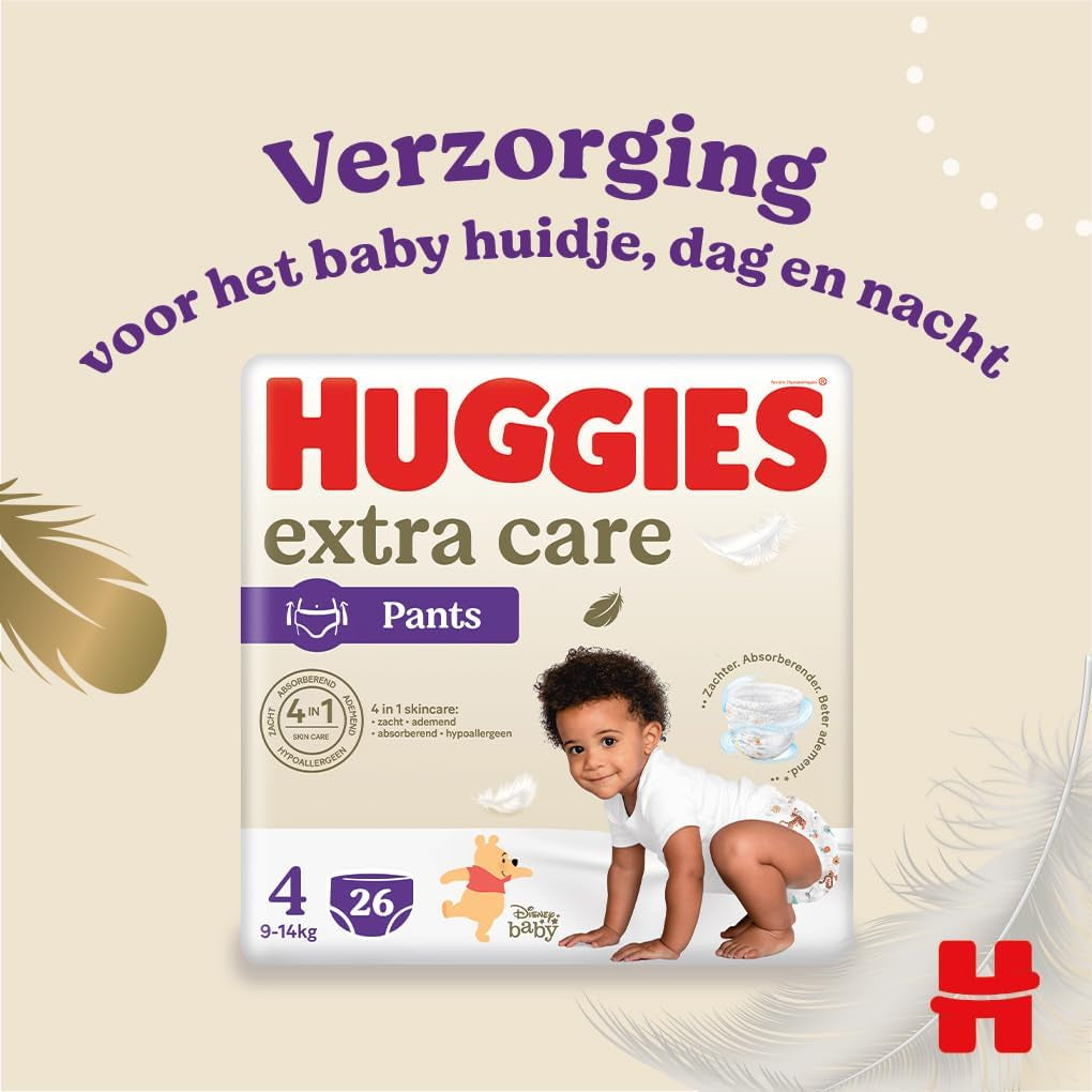 Huggies Extra Care Windeln Größe 4 (9–14 kg), 4 Bündel mit 26 Windeln – 4280 g