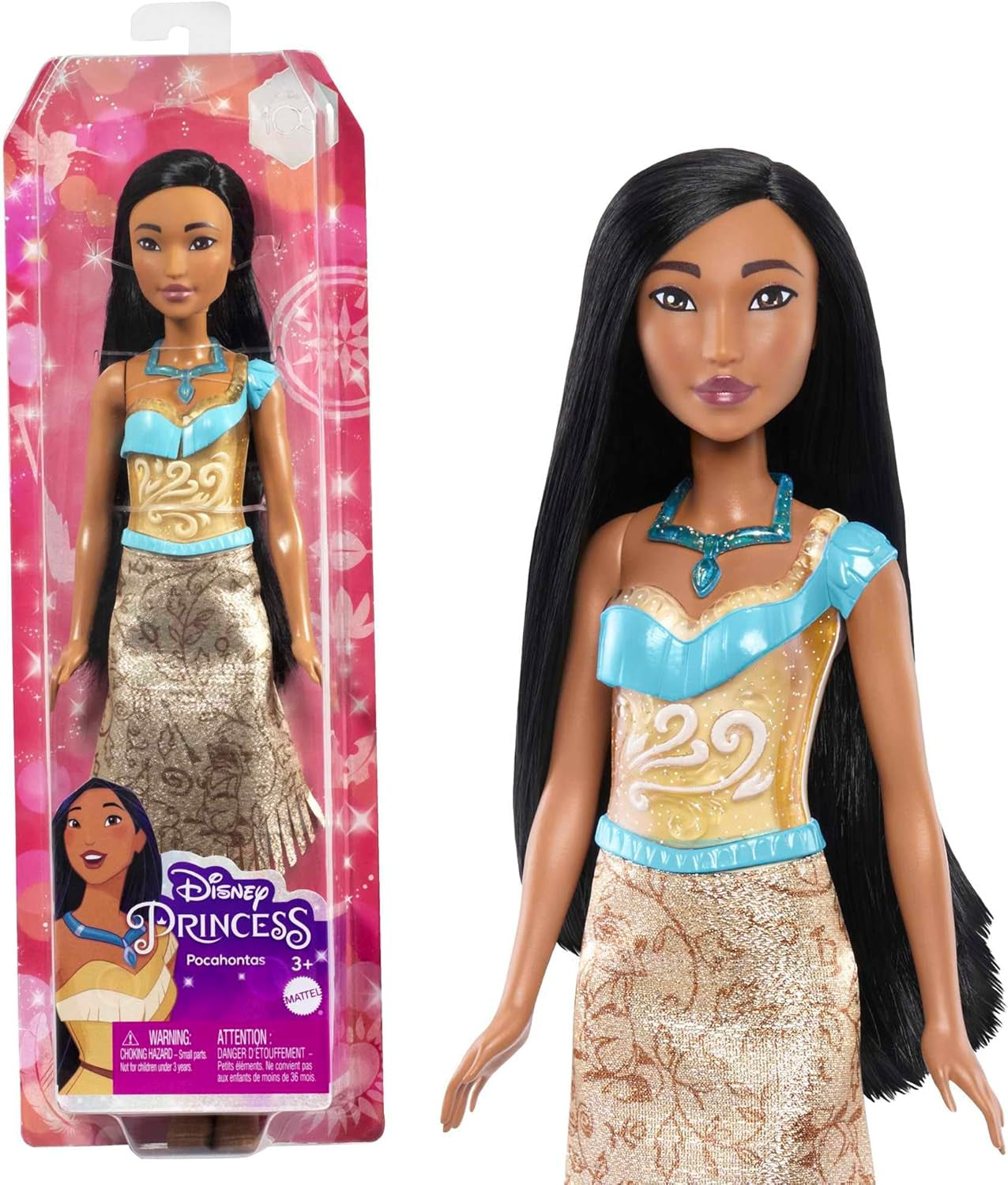 Mattel DISNEY Prinzessin Aurora – Puppe mit typischem Outfit, abnehmbaren Schuhen und Tiara, glitzerndem Oberteil und abnehmbarem gemustertem Rock, langes Haar zum Stylen, HLW09 Naty Shop Pocahontas Dolls