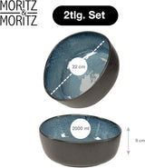 Moritz & Moritz ORGANIC Servierschalen-Set, Blau – 2 große hochwertige Steinzeugschalen, modern und zeitlos, mikrowellen- und spülmaschinenfest – perfekt für Salate, Pasta, Snacks und mehr