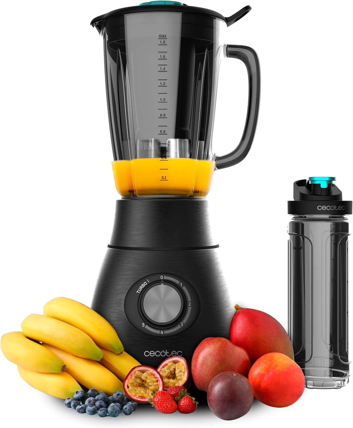 Cecotec Standmixer Power Black Titanium 2200MAX Smooth, 2200 W Maximale Leistung, 6 Klingen Aus Edelstahl, Ice-Crush-Funktion, Turbo- Und Smoothie-Funktion, Autoclean-Funktion Kitchen Naty Shop Schwarz 2500 W | 1,8 l + Flasche ziehen