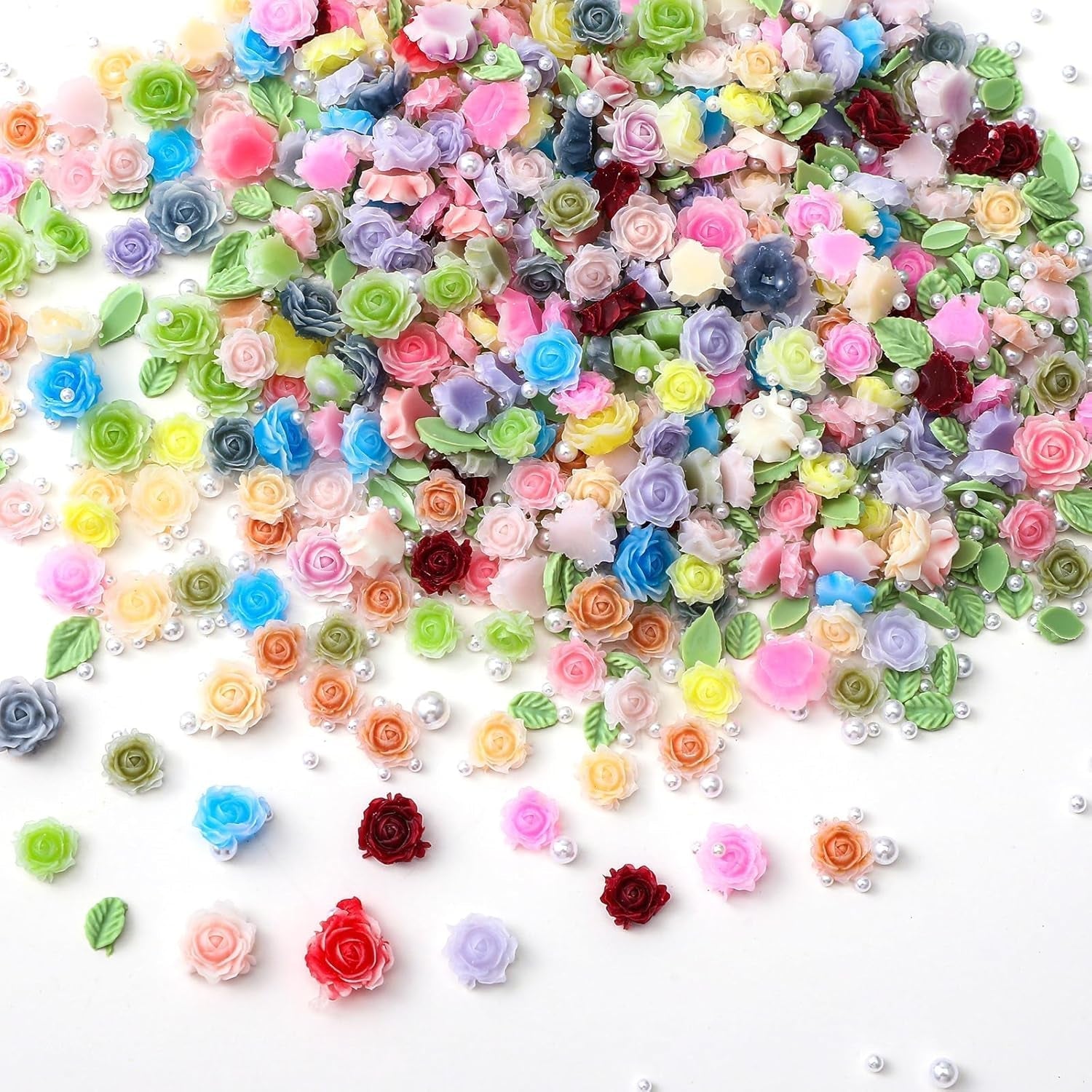 300 Stück Niedliche Blume Nail Charms, 3D Resin Floral Camelie Rose Nägel Charms Mit Perle, Gemischte Größe Bunte Flower Nägel Deko Für Frauen Nail Art Zubehör