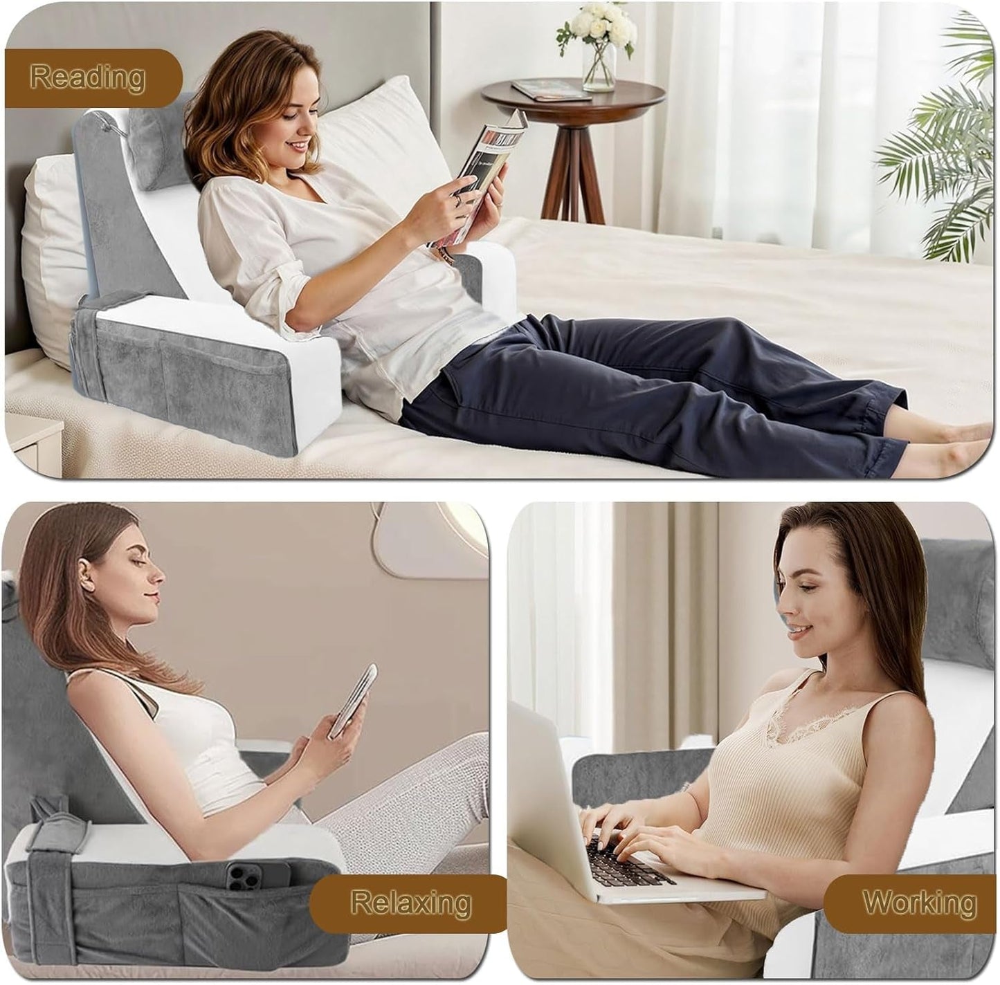 Großes Lesekissen für Bett und Sofa, Rückenkissen für Erwachsene mit Nackenstütze und Armlehnen, ergonomisches Rückenkissen mit Tasche und waschbarem Bezug zum Ausruhen, Lesen, Fernsehen (WH)