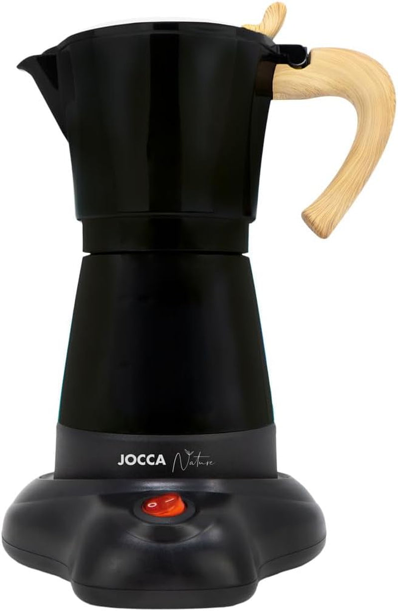 Jocca italienische elektrische Kaffeemaschine, Aluminium, 6 Tassen, tragbare manuelle Kaffeemaschine mit Holzgriff, schwarzer Mokka-Stil