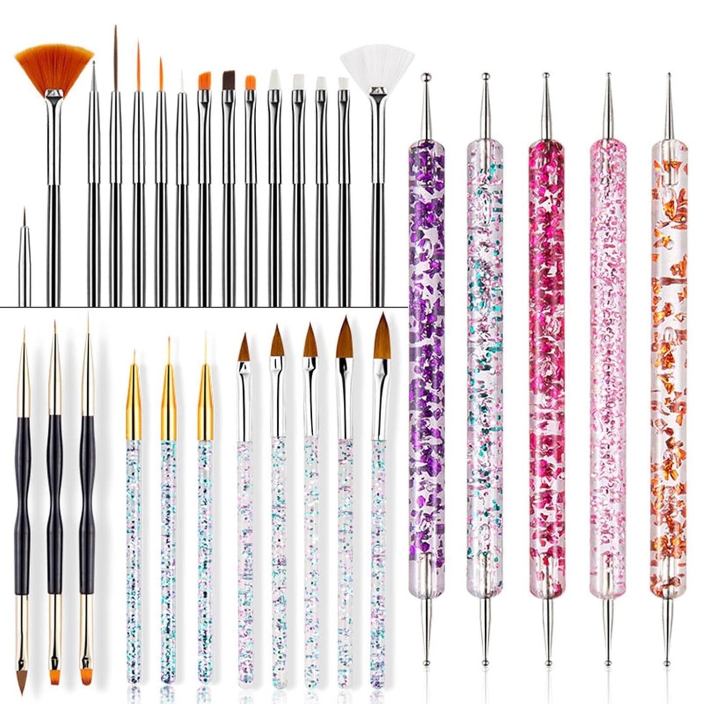 31-teiliges professionelles Nagel-Pinsel-Set, Nagelpinsel mit zwei Enden, Pinsel für Gelnägel, Acryl-Nagelkunststift, Nagelkunst-Dotting-Tools, Nagelpinsel für DIY-Nagelkunst-Salondesign