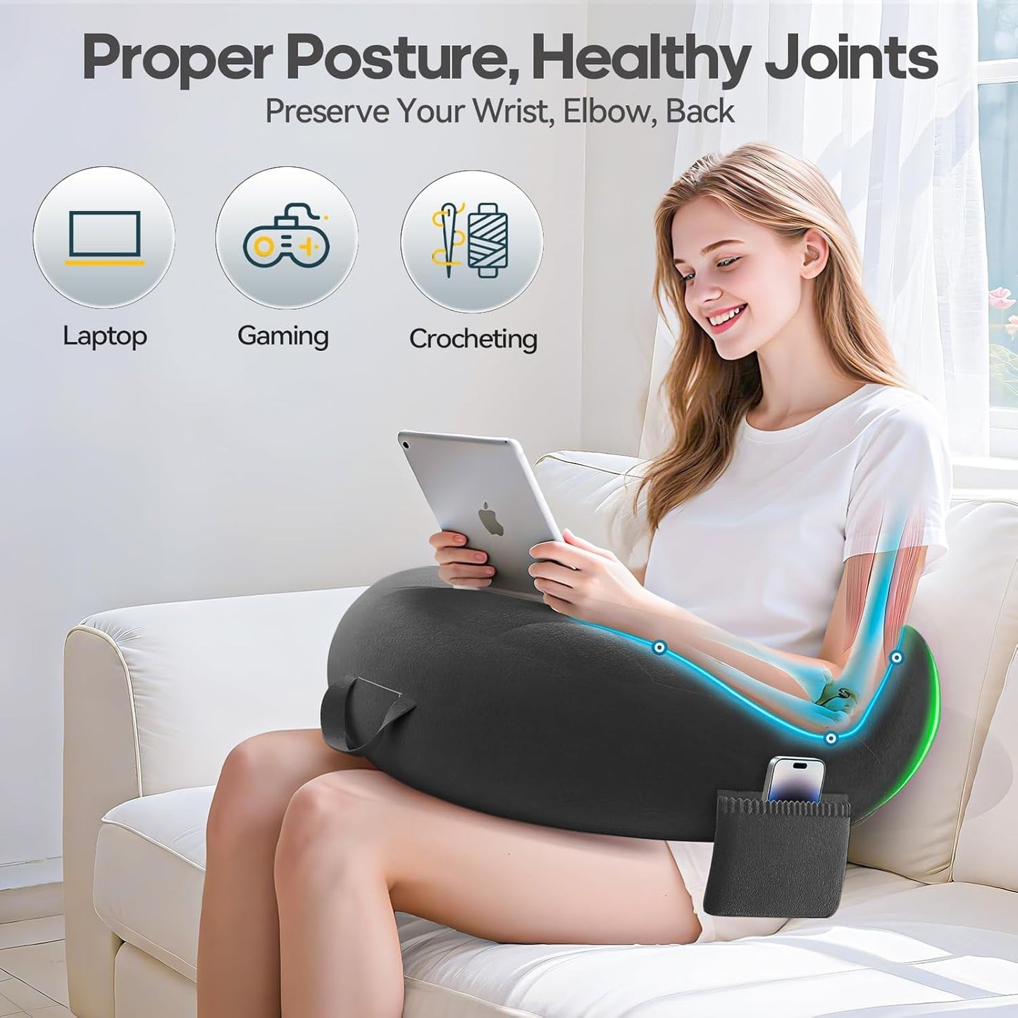 Gaming- und Lesekissen, Lesekissen für Bett/Couch/Boden, Füttern/Häkelkissen mit großem ergonomischem Gaming-Kissen, Gamer-Kissen für iPad/Laptop – Schwarz