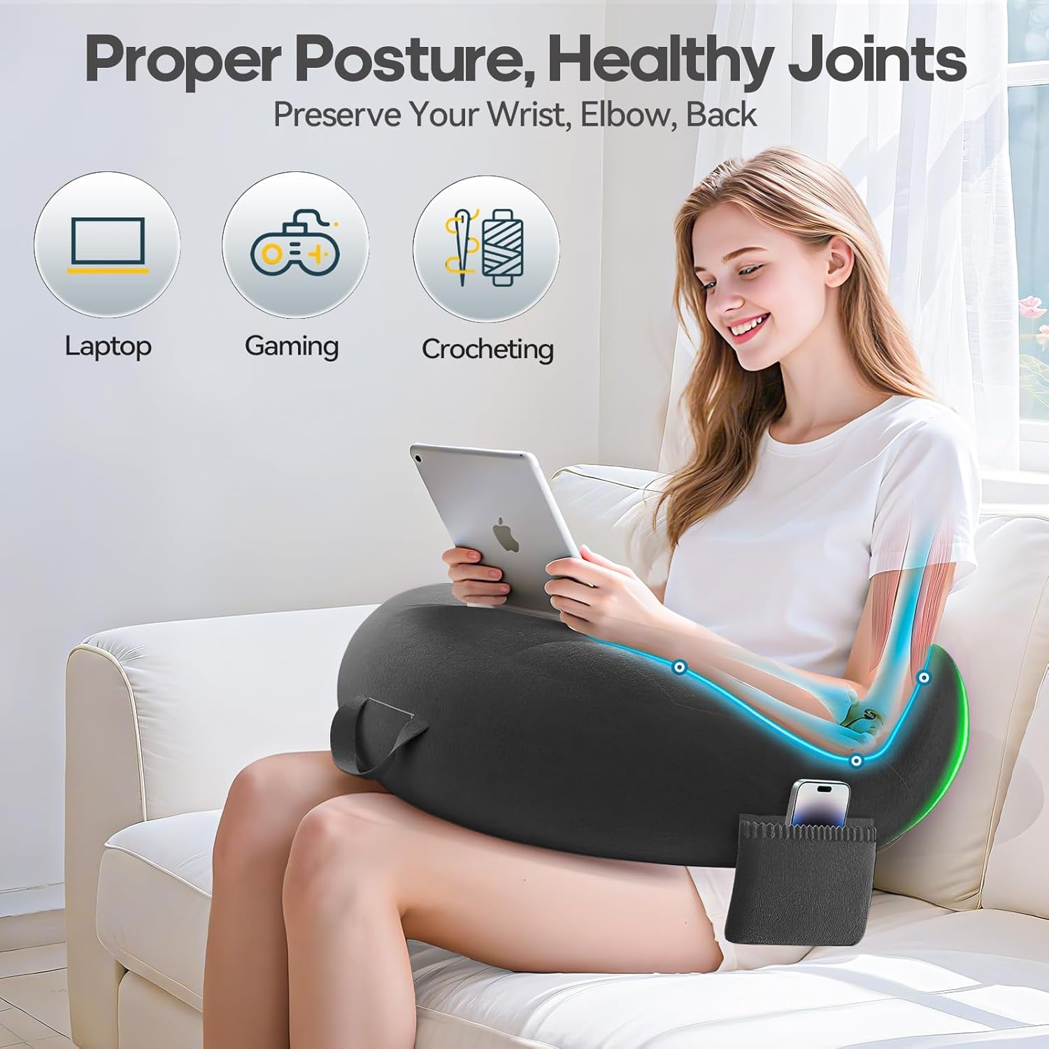 Gaming- und Lesekissen, Lesekissen für Bett/Couch/Boden, Füttern/Häkelkissen mit großem ergonomischem Gaming-Kissen, Gamer-Kissen für iPad/Laptop – Schwarz