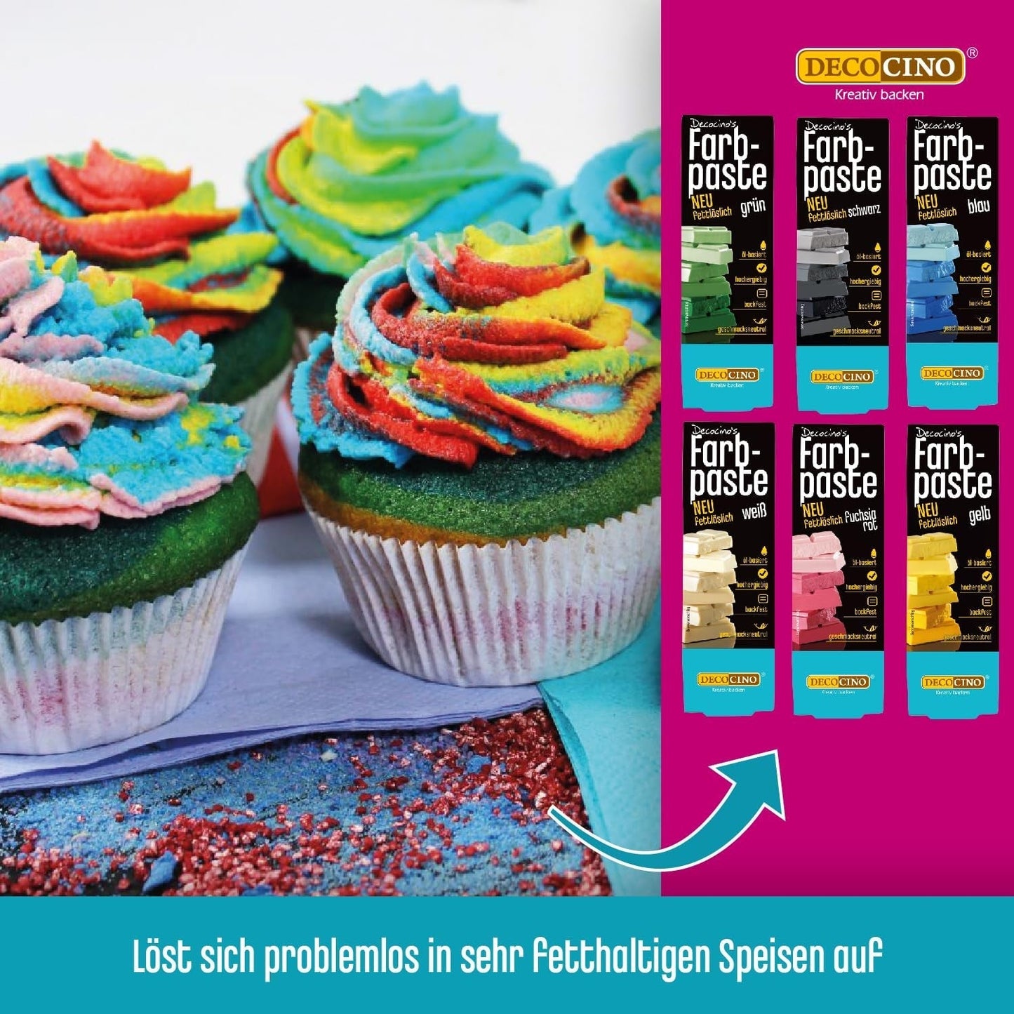 Decocino Fettlösliche Farbpaste 6er-Set – 6 x 15 g – Lebensmittelfarbe in Rot, Weiß, Grün, Gelb, Blau und Schwarz, ideal zum Einfärben von Kuchen, Fondant und Cremes – Azo- und glutenfrei