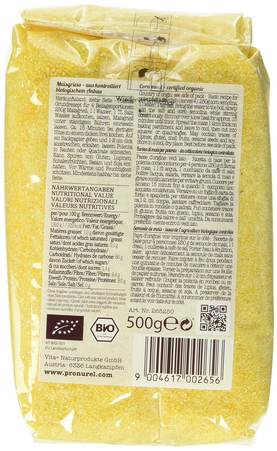 Verival Maisgrieß - Bio, 6er Pack (6 x 500 g Beutel) - Bio Cerealien Naty Shop
