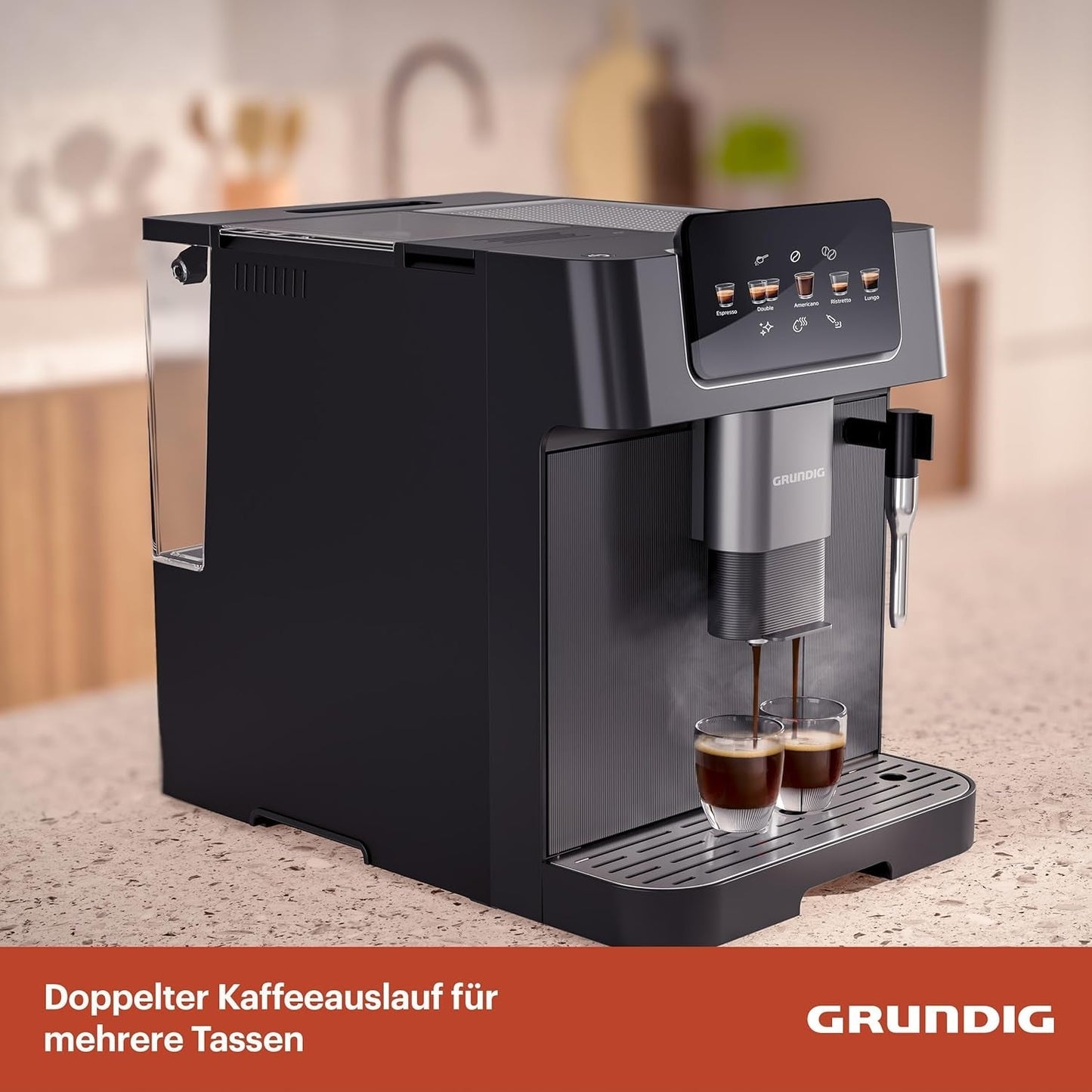 GRUNDIG KVA 6230 Espressovollautomat mit Milchaufschäumer, Edelstahlmahlwerk mit 13 Mahlstufen, Bohnenbehälter 250 g, abnehmbarer Wassertank 2 Liter, Pumpendruck 19 bar, Touch-Display, schwarz