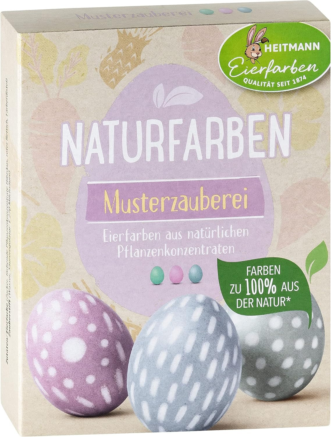 Heitmann Eierfärbe-Naturfarbset, 3 Eierfärbepulver (Gelb, Lila, Graublau), Graspapier-Aufkleberbogen