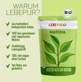 Lebepur BIO Matcha-Pulver 100 g – Premium-Qualität aus Japan ohne Zusatzstoffe – 100 % reines Grüntee-Pulver für Matcha Latte, Matcha-Tee, grünen Tee, Smoothie – japanischer grüner Tee