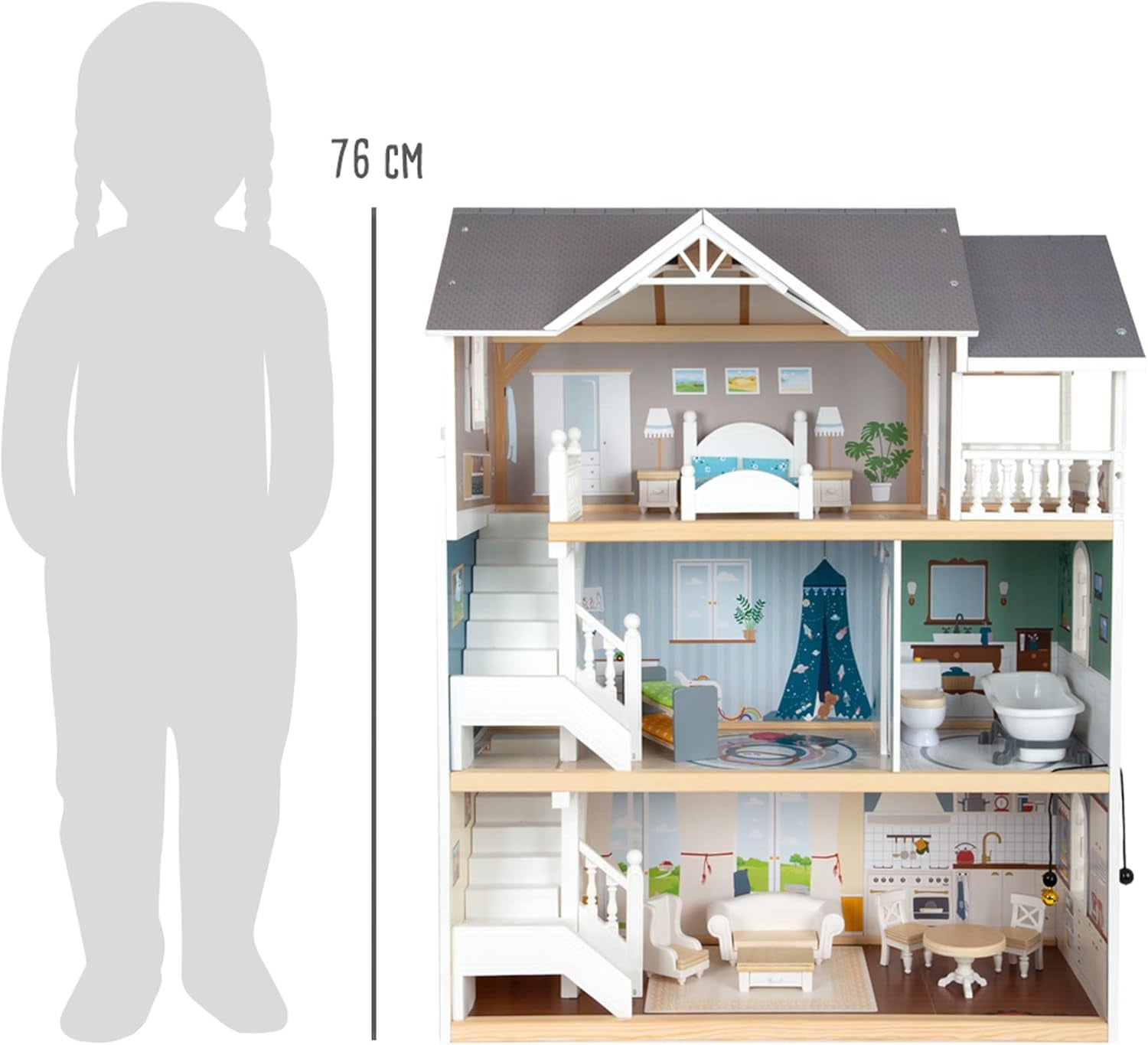 Small Foot 3-stöckiges Puppenhaus aus Holz mit offener Vorderseite und 12 Möbelstücken für Kinder ab 3 Jahren, 11802, Weißgrau