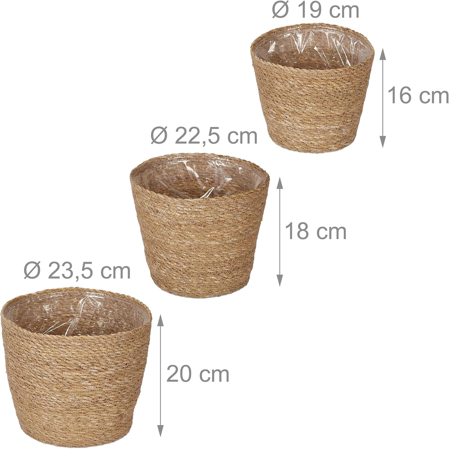 Relaxdays Blumentöpfe aus Seegras, 3er-Set, runder Pflanzkorb für Blumen und Kräuter, mit Folie, 3 Größen, Übertopf natur