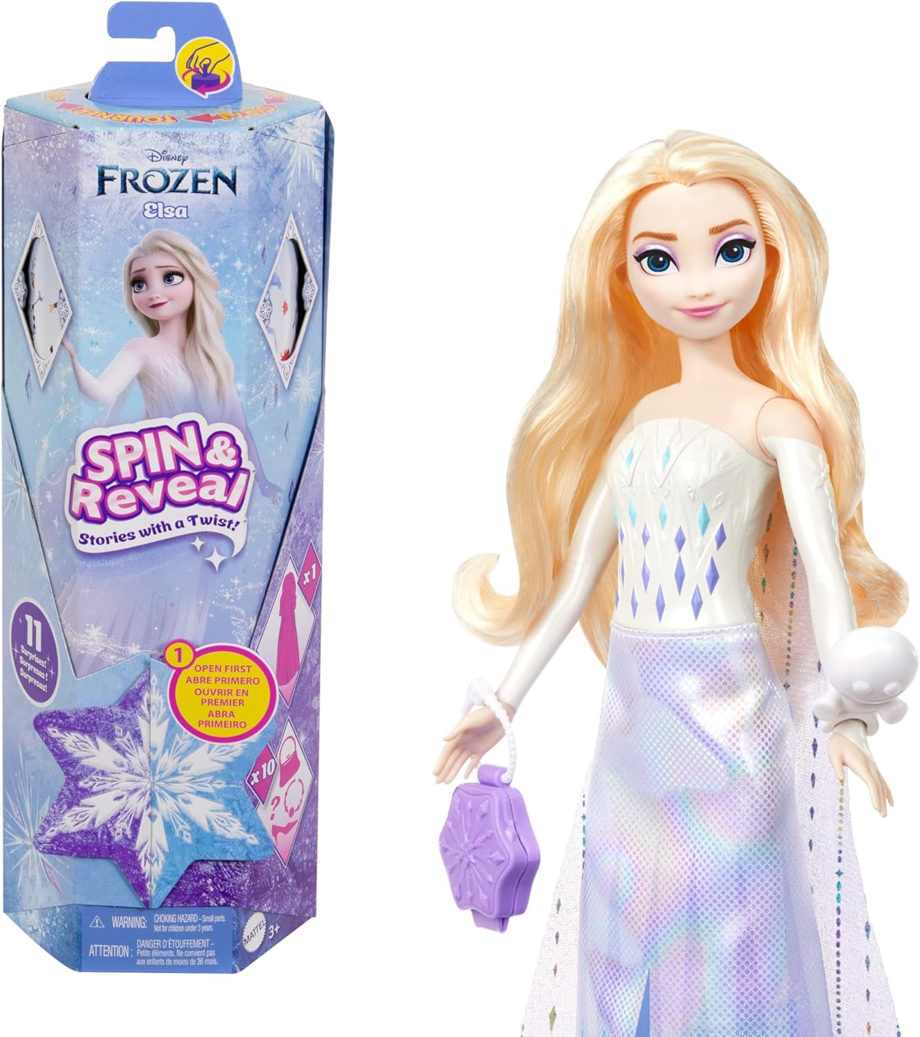 Mattel Disney Die Eiskönigin Elsa Modepuppen-Set, Spin & Reveal mit 11 Überraschungen, darunter 5 Zubehörteile, 5 Aufkleber und eine Spielszene, inspiriert vom Disney-Film, HTG25 Naty Shop Dolls Elsa Doll