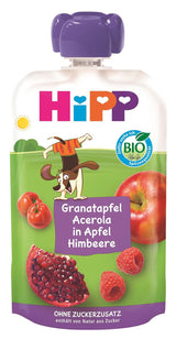 HiPP Bio Frucht Plus Beutel mit Granatapfel und Acerola in einer Mischung aus Apfel und Himbeere – Ben Beagle (8 x 100g), ab 1 Jahr, 100 % Fruchtpüree, ohne Zuckerzusatz, vegan, beste Bio-Qualität