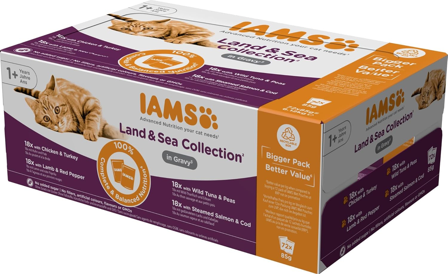IAMS Delights Land & Sea Collection Nassfutter für Katzen – Fleisch- und Fischsortiment, Multipack in Soße, Nassfutter für Katzen ab 1 Jahr, 72 x 85 g