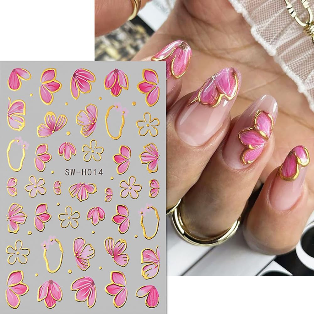 Gold Linie Schieber Rosa Nagelsticker Blumen 3D Flower Nail Sticker Sakura Blütenblätter Blumen Nagelaufkleber Frühling Sommer Floral Nagel Sticker Flowers Nagel Sticker Nageldesign Zubehör Nail Art