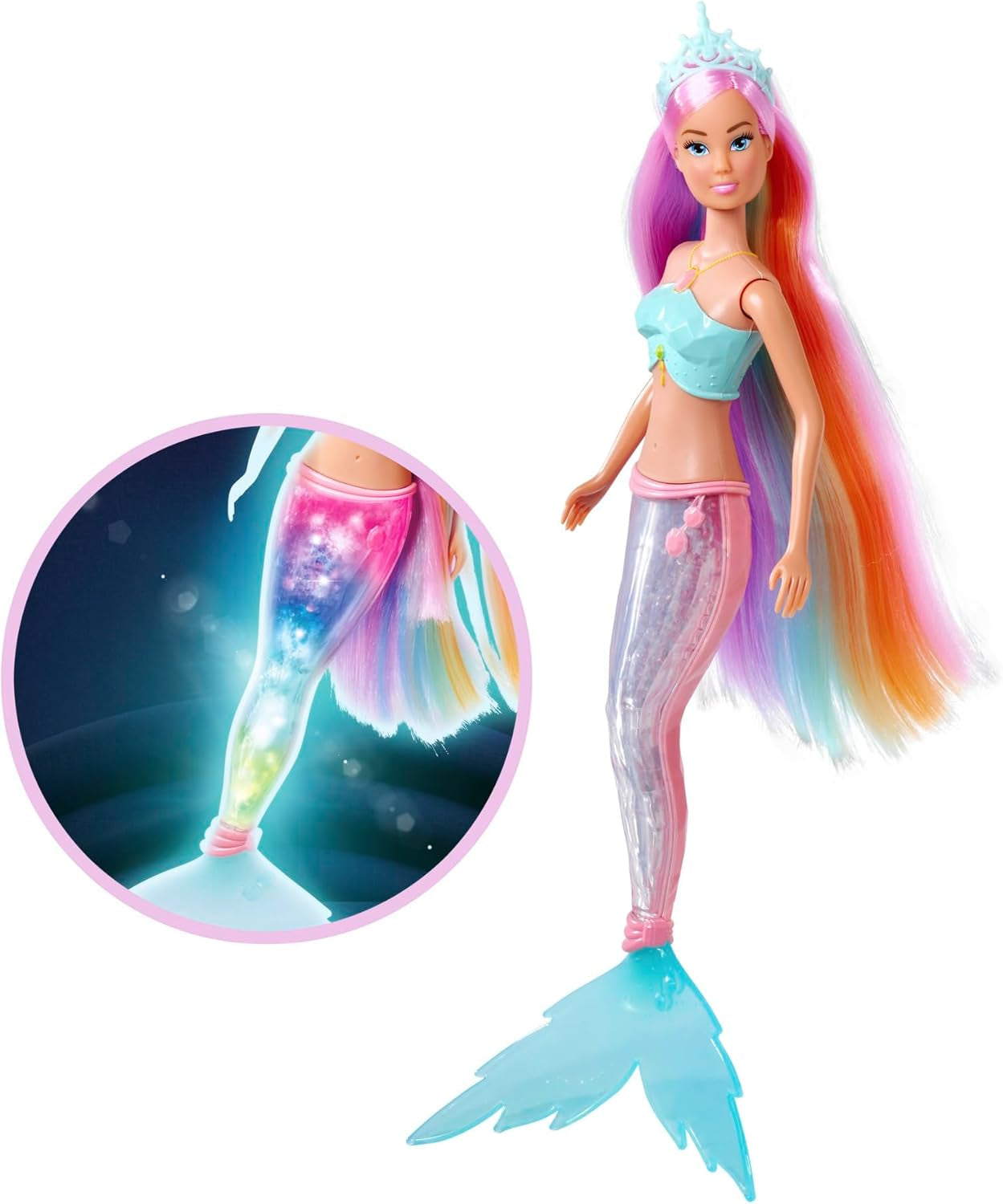 Steffi Love Magic Rainbow Mermaid, Meerjungfrauenpuppe mit Magic Rainbow Light-Funktion und extra langen Haaren, 39 cm, ab 3 Jahren