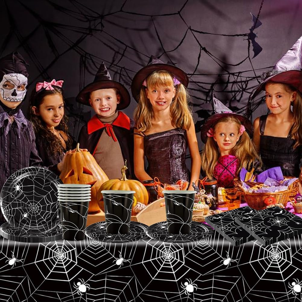 49-teiliges Halloween-Spinnen-Papierbesteckset mit Tellern, Servietten, Gläsern und Tischdecke. Schwarzes Geschirrset mit Desserttellern, Servietten und Gläsern.