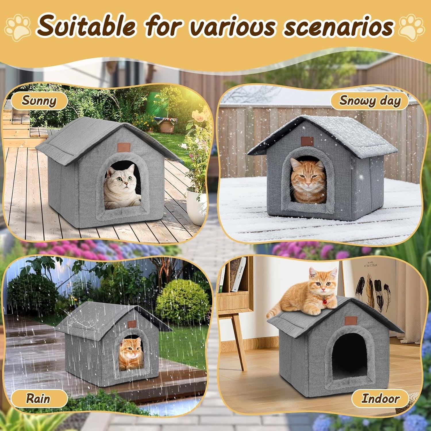 Katzenhaus Outdoor Winterfest, Katzenhöhle, Hundehöhle mit abnehmbarem Plüschkissen, Wasserdichter Wetterfester, Hundehütte Indoor, Hundehaus für Drinnen/Indoor 35x30x35cm (Grau, S)