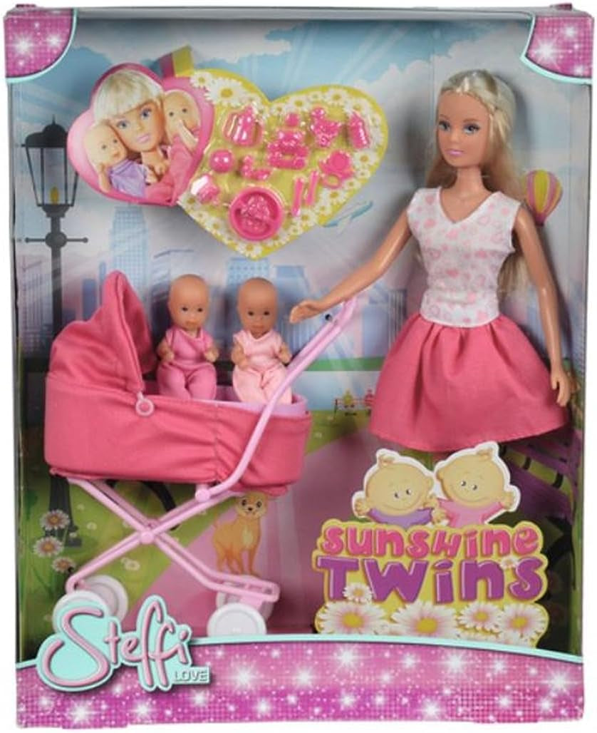 Simba Steffi Love Sunshine Twins – Puppe mit Zwillingen und Kinderwagen, inklusive Zubehör wie Flaschen und Spielzeug, 2-Puppen-Matching-Variante, Puppenset für Kinder ab 3 Jahren