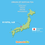 Naturalebio Matcha-Teepulver in zeremonieller Qualität. Original grüner Tee aus Japan. Matcha-Grüntee-Pulver in Zeremonienqualität, hergestellt in Uji, Kyoto. Ideal zum Trinken, Kochen und für Latte Macchiato. Schachtel mit 30 g.