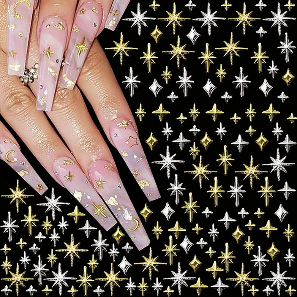 120 Stück gold-silberne Stern-Nagel-Charms, Stern-Y2K-Nägel, Metall-Stern-Nagel-Charms, verschiedene Größen, Nagelschrauben, Stern-Nageldesign, Nagelkunst, 3D-Stern-Charms, Nageldekoration, Nagel-Charms, Nagel-Zubehör