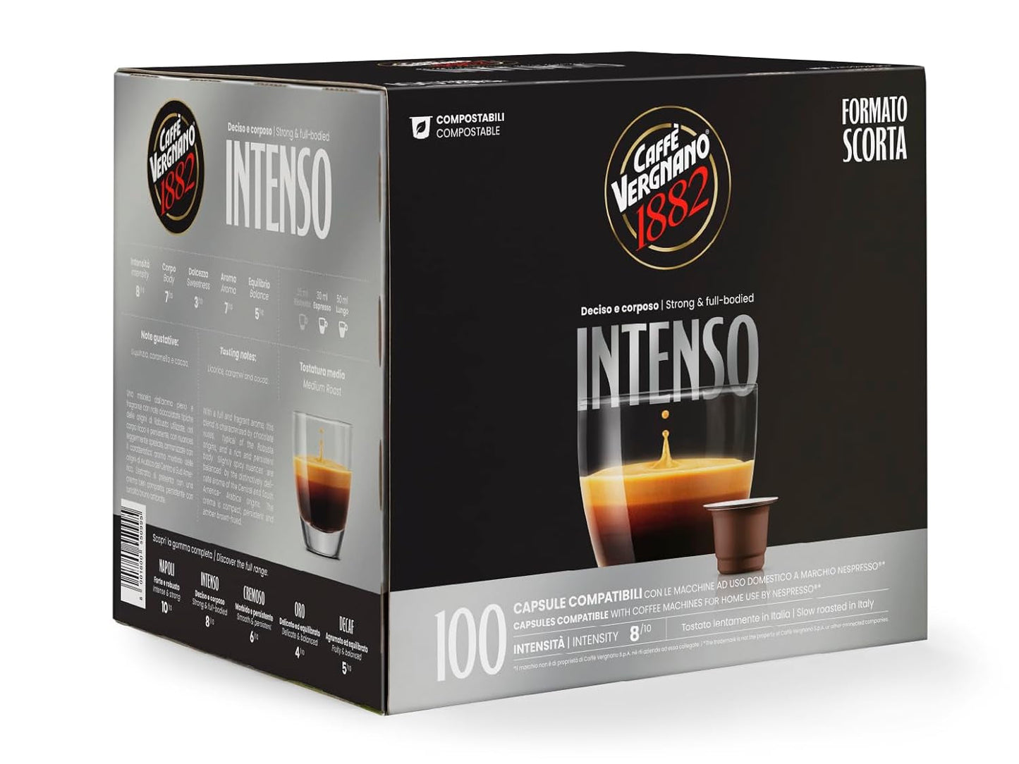 Caffè Vergnano 1882 – Èspresso Kompostierbare Kaffeekapseln, kompatibel mit Nespresso, Intenso (Intenso) – Packung enthält 100 Kapseln