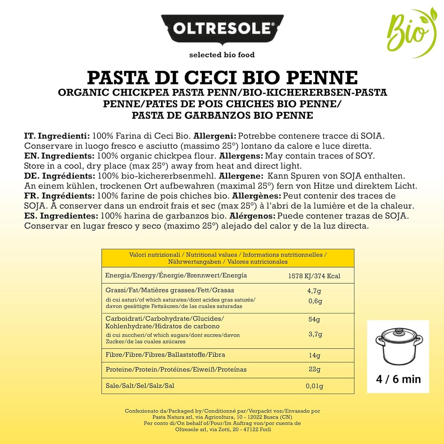 Italienische Bio-Kichererbsen-Penne-Nudeln, 100 % Bio-Kichererbsenmehl, Proteinnudeln, ballaststoffreich, vegan, glutenfrei, 3er-Pack x 350 g