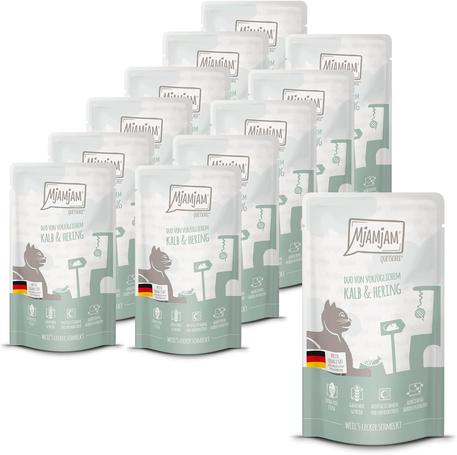 MjAMjAM – Premium-Nassfutter für Katzen – Quetschbeutel – DUO mit raffiniertem Kalbfleisch und Hering, 12er-Packung (12 x 125 g), getreidefrei