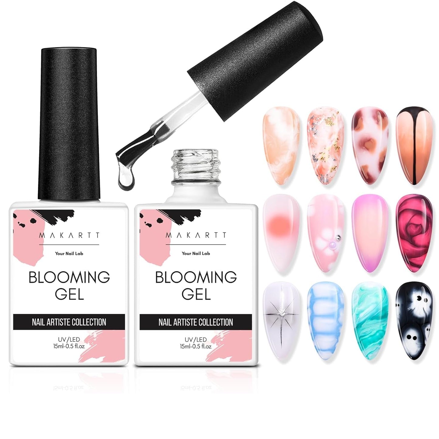 Makartt Blooming Gel-Nagellack – 15 ml Blooming Gel-Nagellack-Verlängerung mit Marmorfarbe, Gelfarbe, DIY-Maniküre-Nageldesigns, Blumen, Tiere, Aquarell, magisches Maniküre-Set