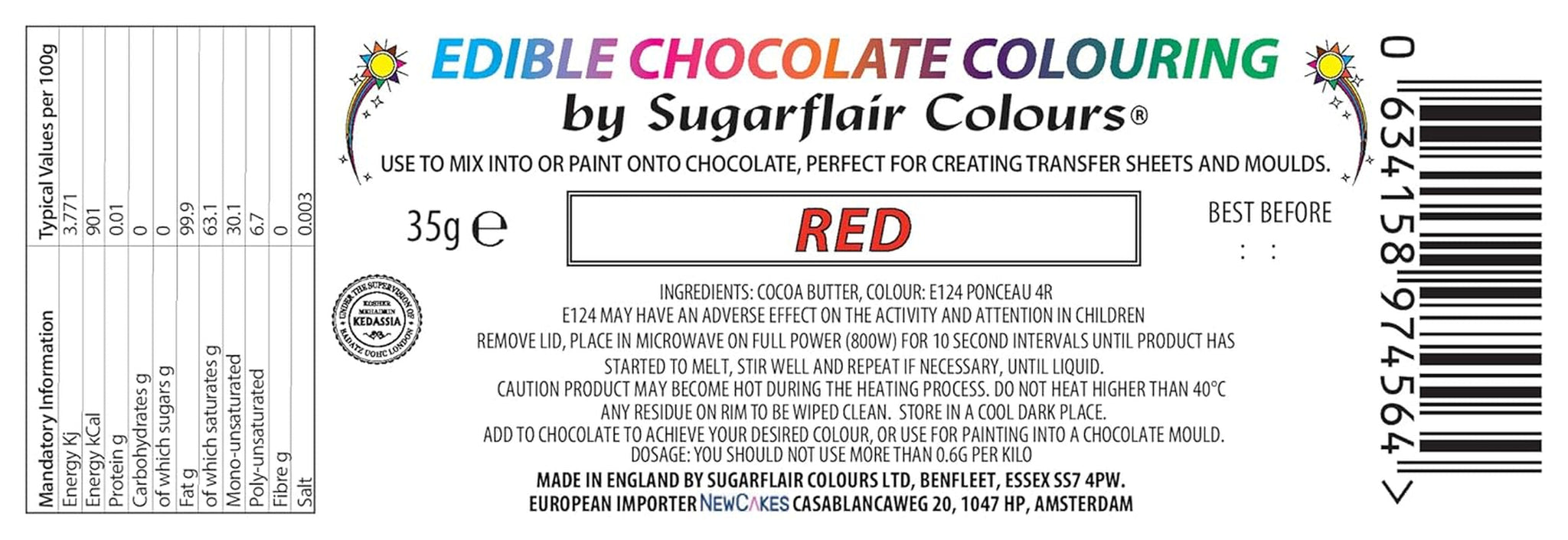 Lebensmittelfarbe Sugarflair Chocolate Lebensmittelfarbe für rote Schokolade - Farbige Bio-Kakaobutter, Schokoladenfarbe zum Färben von Schokolade, Pralinen - 35g