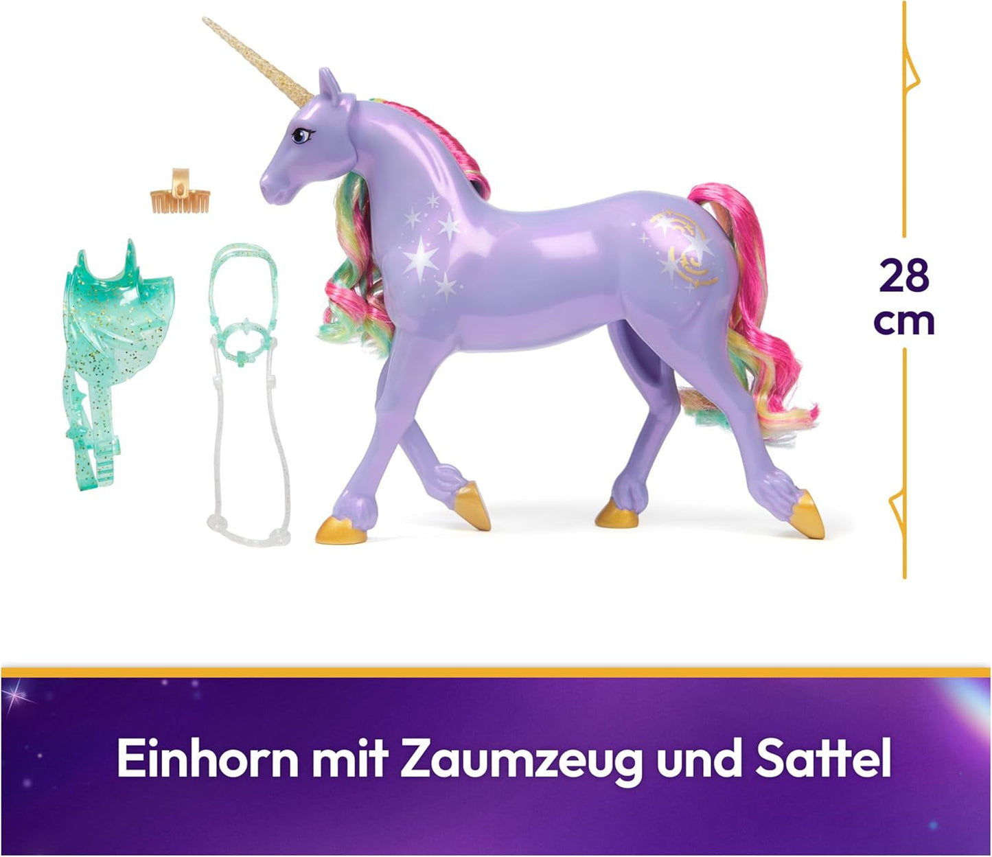 Wildstar-Einhorn von Unicorn Academy – 28 cm großes, originales Sophia-Einhorn aus der Netflix-Serie mit echter Mähne und Schweif, abnehmbarem Zaumzeug, Sattel und Bürste, ab 4 Jahren