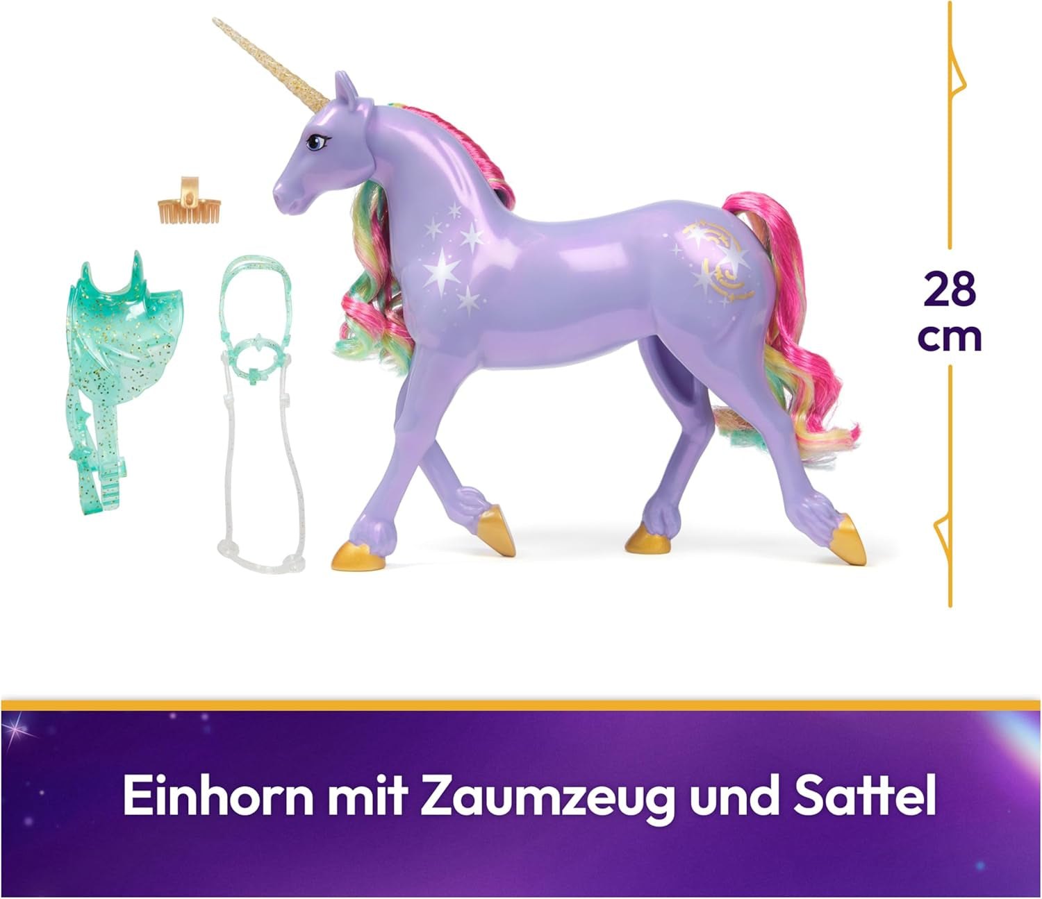 Wildstar-Einhorn von Unicorn Academy – 28 cm großes, originales Sophia-Einhorn aus der Netflix-Serie mit echter Mähne und Schweif, abnehmbarem Zaumzeug, Sattel und Bürste, ab 4 Jahren