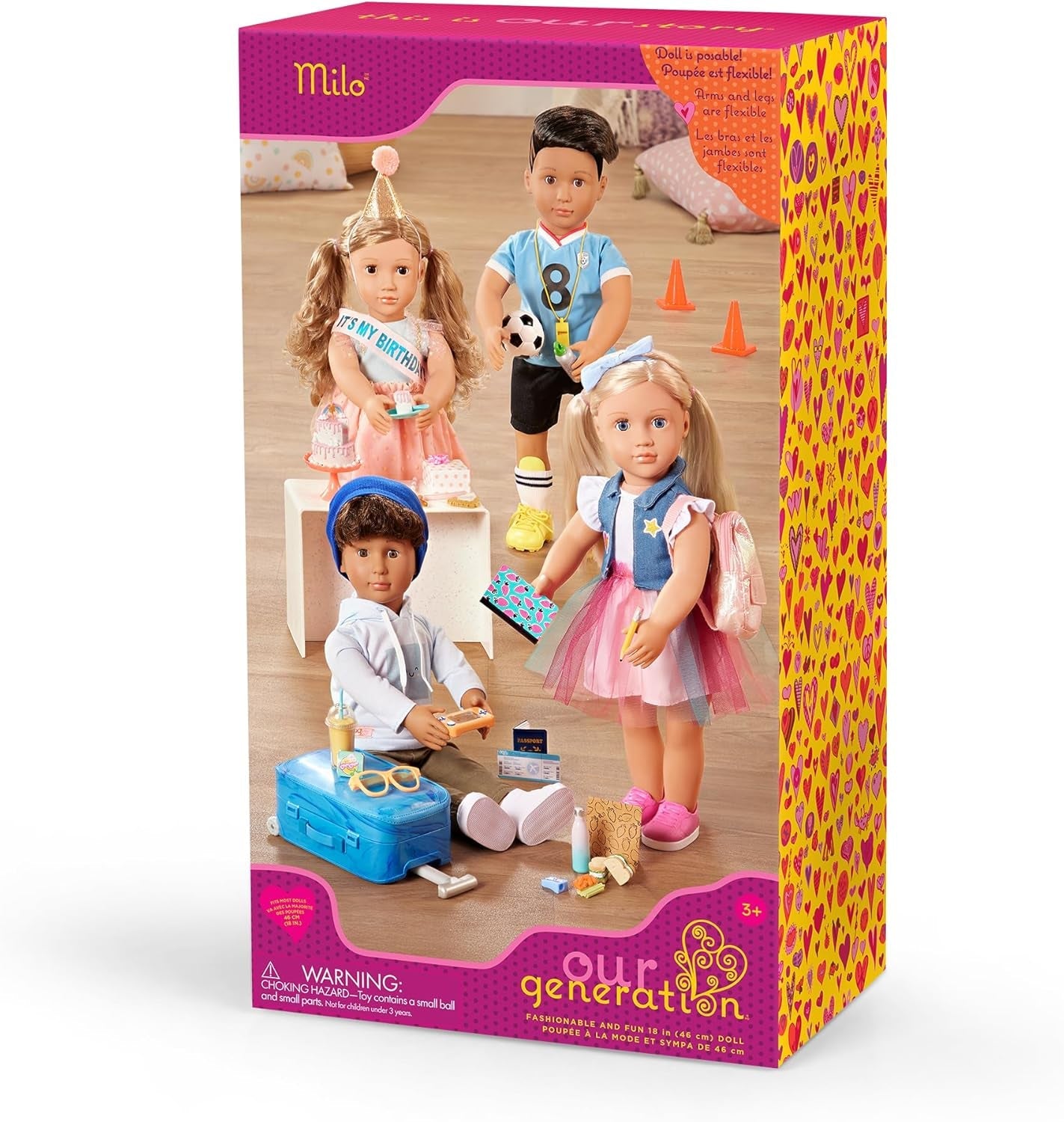 Our Generation – Milo – 46 cm große Jungenpuppe – lebensechte braune Augen und lockiges braunes Haar – Rollgepäck und Reisezubehör – Rollenspiel – Spielzeug für Kinder ab 3 Jahren