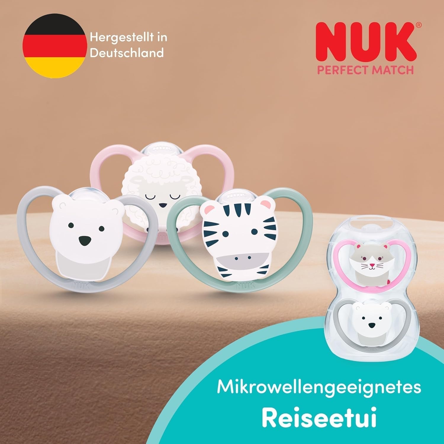 NUK Perfect Match Luftschnuller für Babys | 6-18 Monate | Kieferorthopädische Schnuller, die die Luftzirkulation fördern und durch Speichel verursachte Hautausschläge verhindern | 95 % Akzeptanz bei Babys** | Zebra/Löwe | 2 Stück