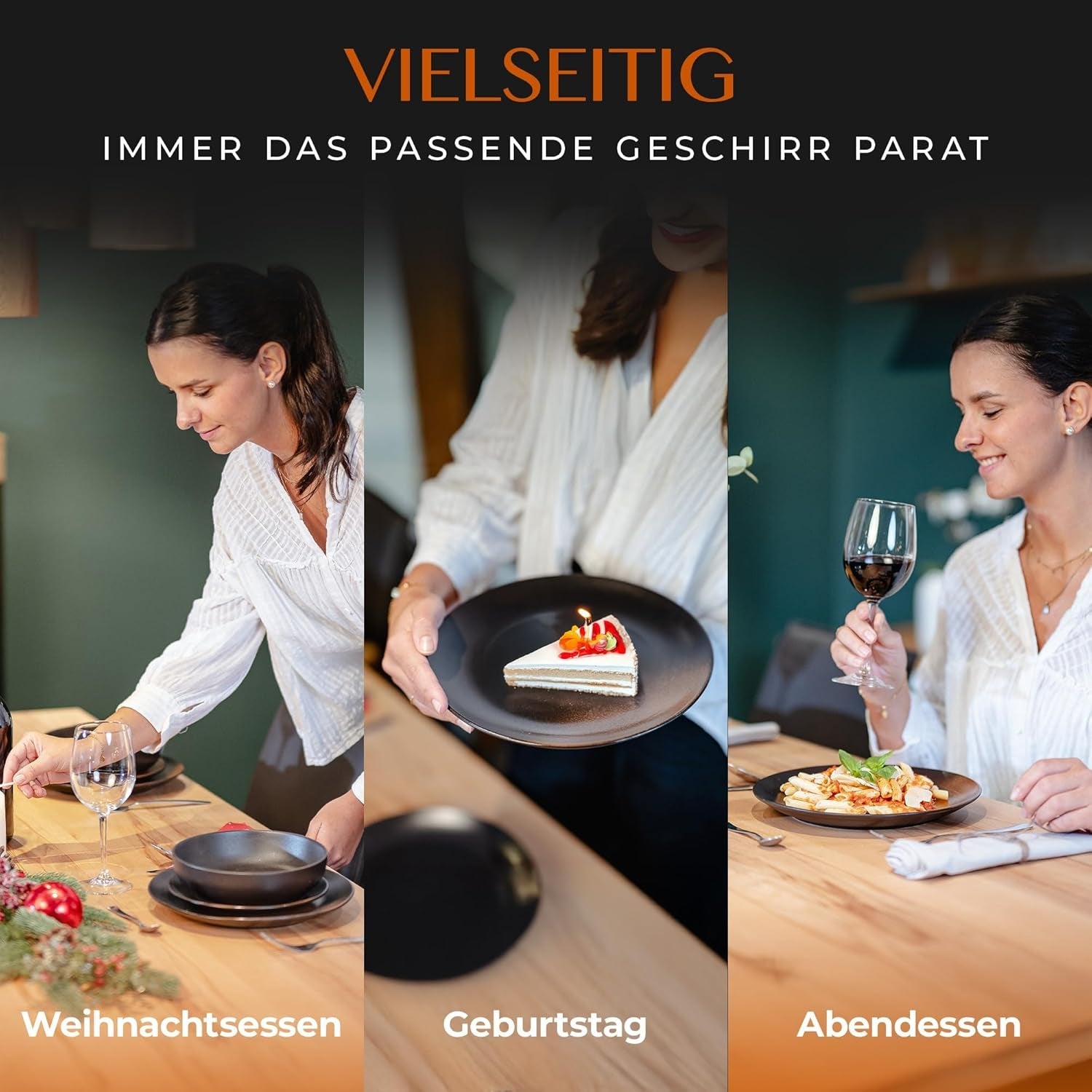 12-teiliges Geschirrset aus Steingut – Linie Prairie – Elegantes Design in Braun-/Schwarztönen, Set bestehend aus 4 Speisetellern, 4 Desserttellern und 4 Speisetellern/Premium-Kollektion